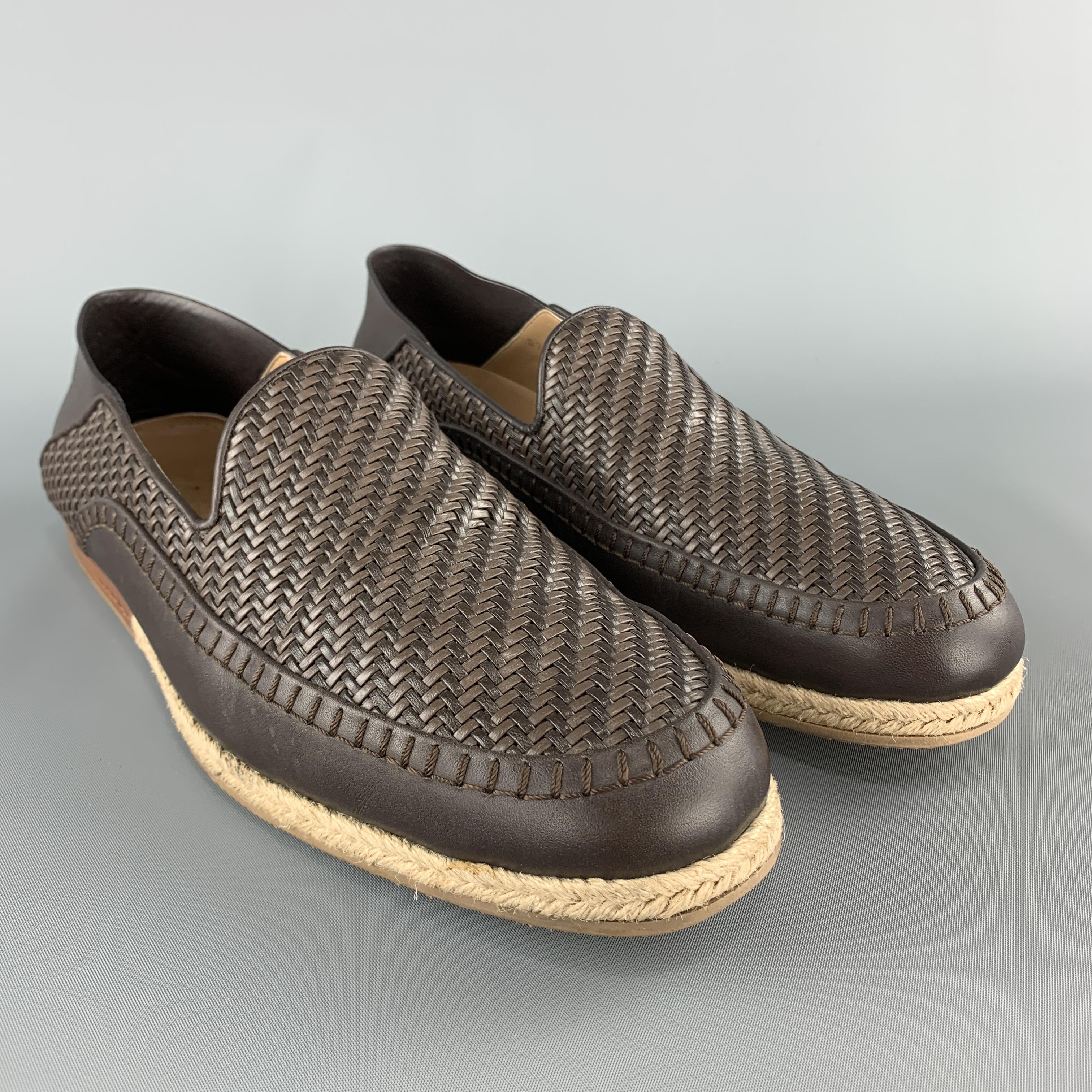 ERMENEGILDO ZEGNA loafers come in brown leather with a woven apron te panel, top stitching, and braided rope details sole. Made in Italy.

Excellent Pre-Owned Condition.
Marked: UK 9

Outsole: 11.5 x 4 in