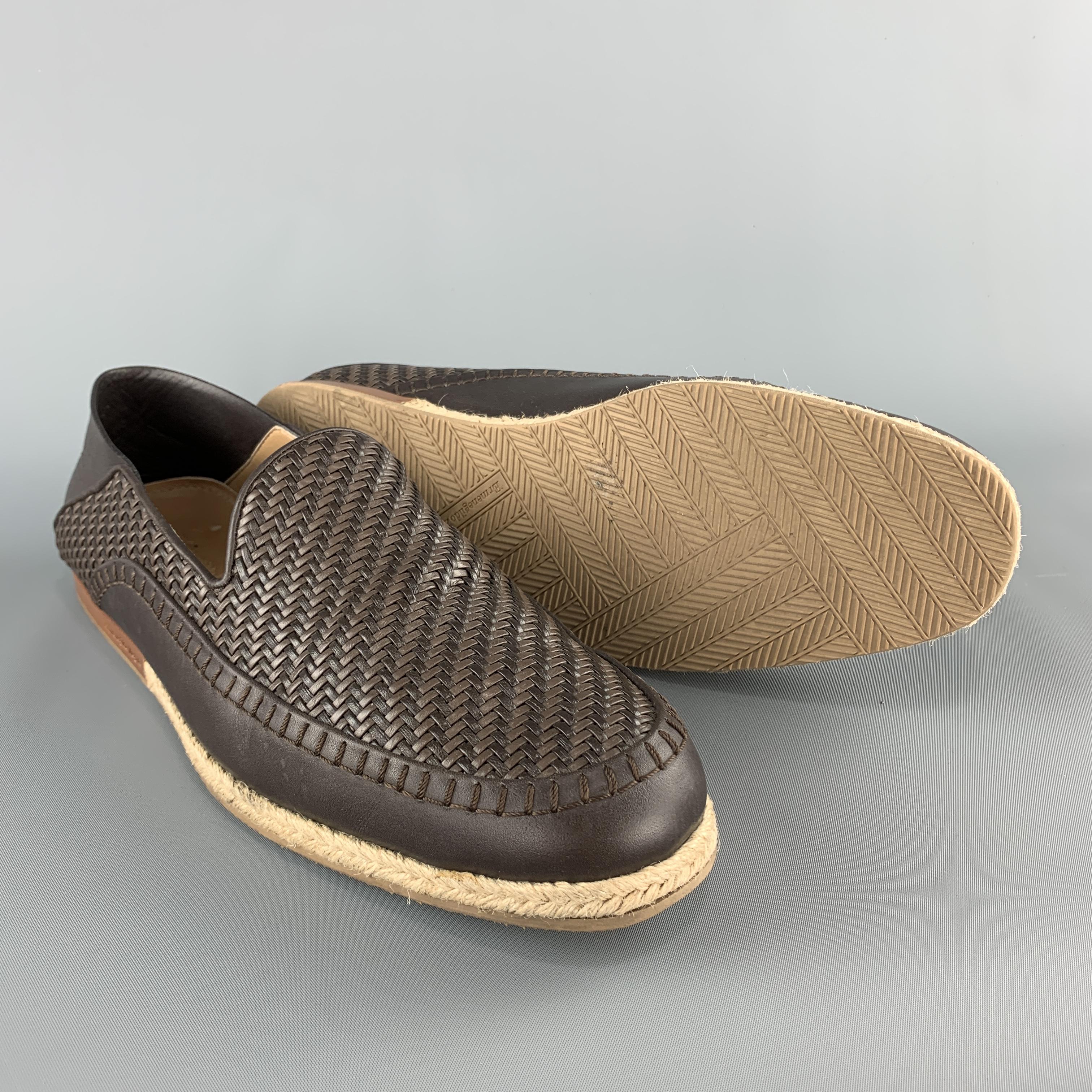 Black ERMENEGILDO ZEGNA Size 10 Brown Woven Leather Slip On Braided Sole Loafers