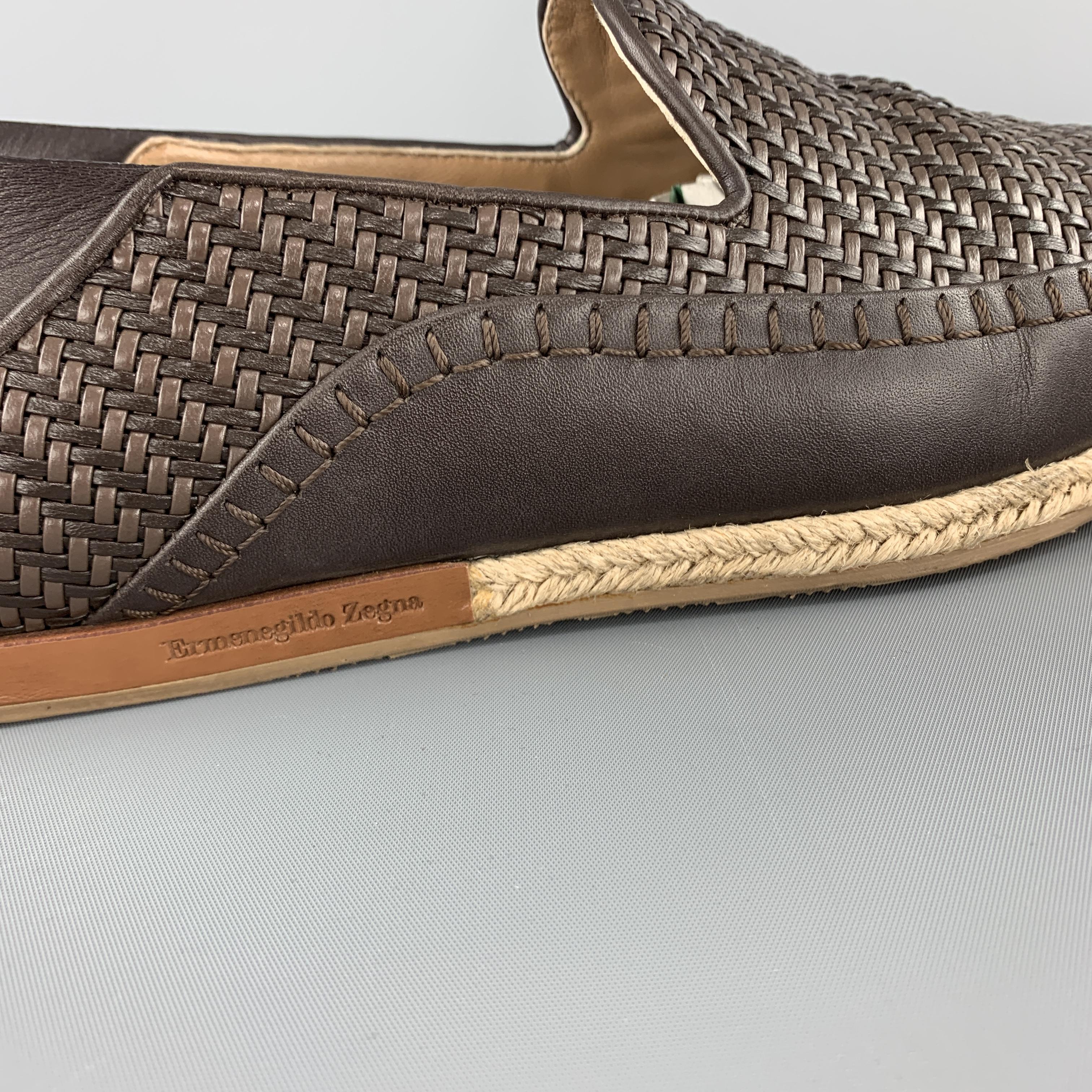 ERMENEGILDO ZEGNA Size 10 Brown Woven Leather Slip On Braided Sole Loafers In Excellent Condition In San Francisco, CA
