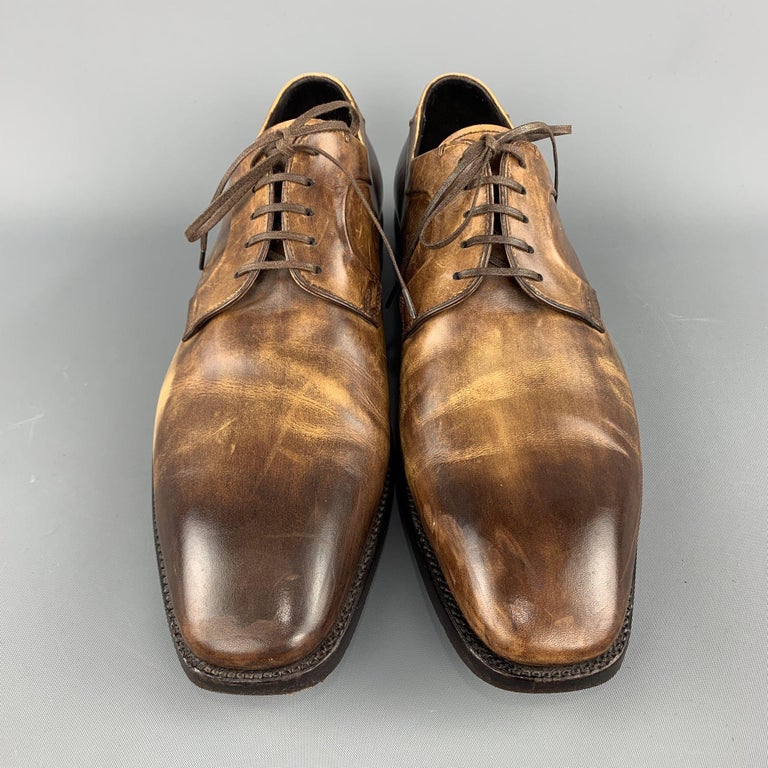 ERMENEGILDO ZEGNA Size 10.5 Brown Antique Effect Leather Lace Up Dress