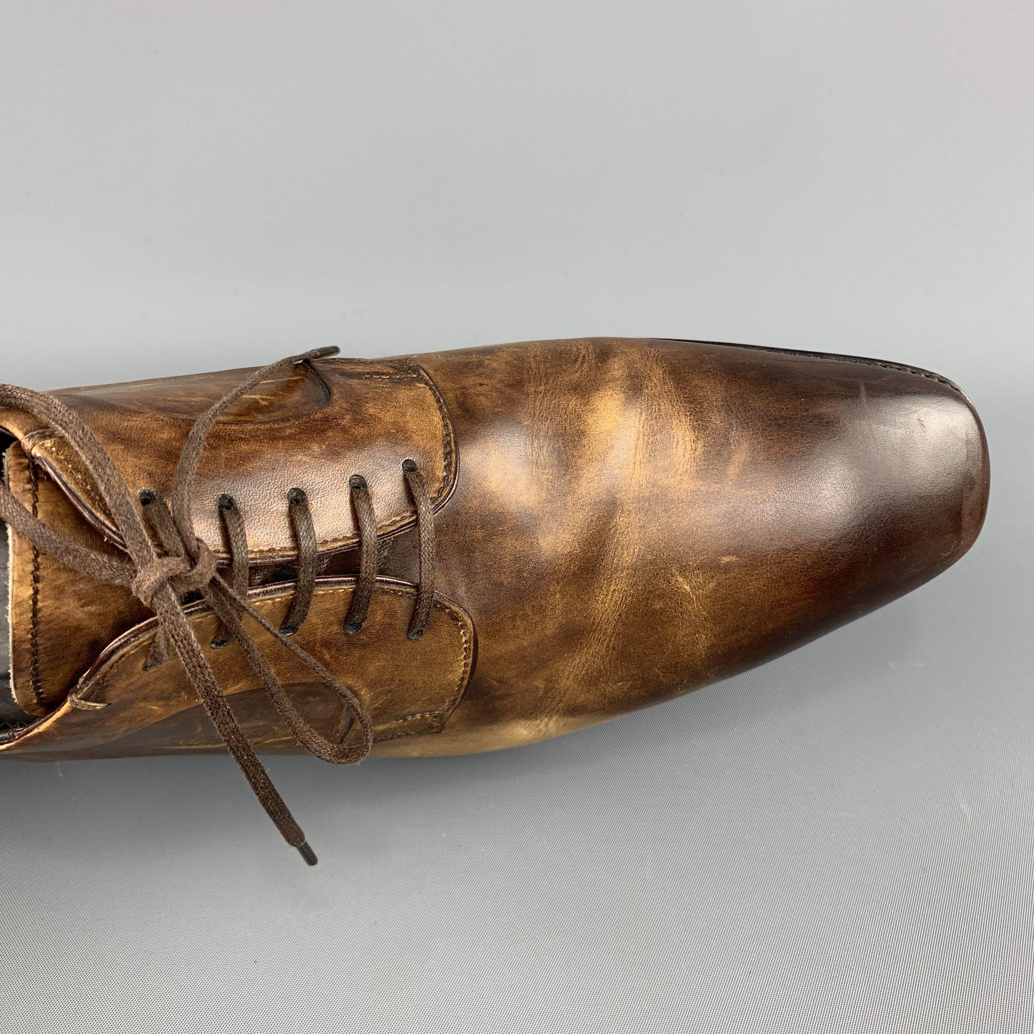 Men's ERMENEGILDO ZEGNA Size 10.5 Brown Antique Effect Leather Lace Up Dress Shoes