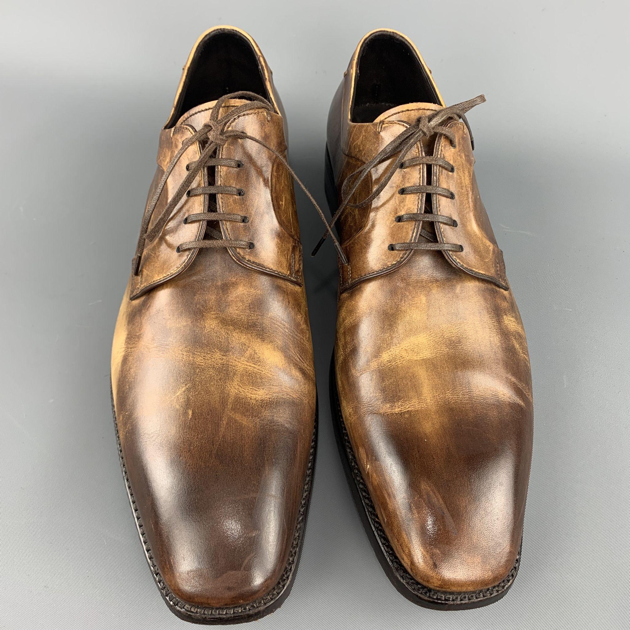 ERMENEGILDO ZEGNA Size 10.5 Brown Antique Effect Leather Lace Up Dress Shoes 1