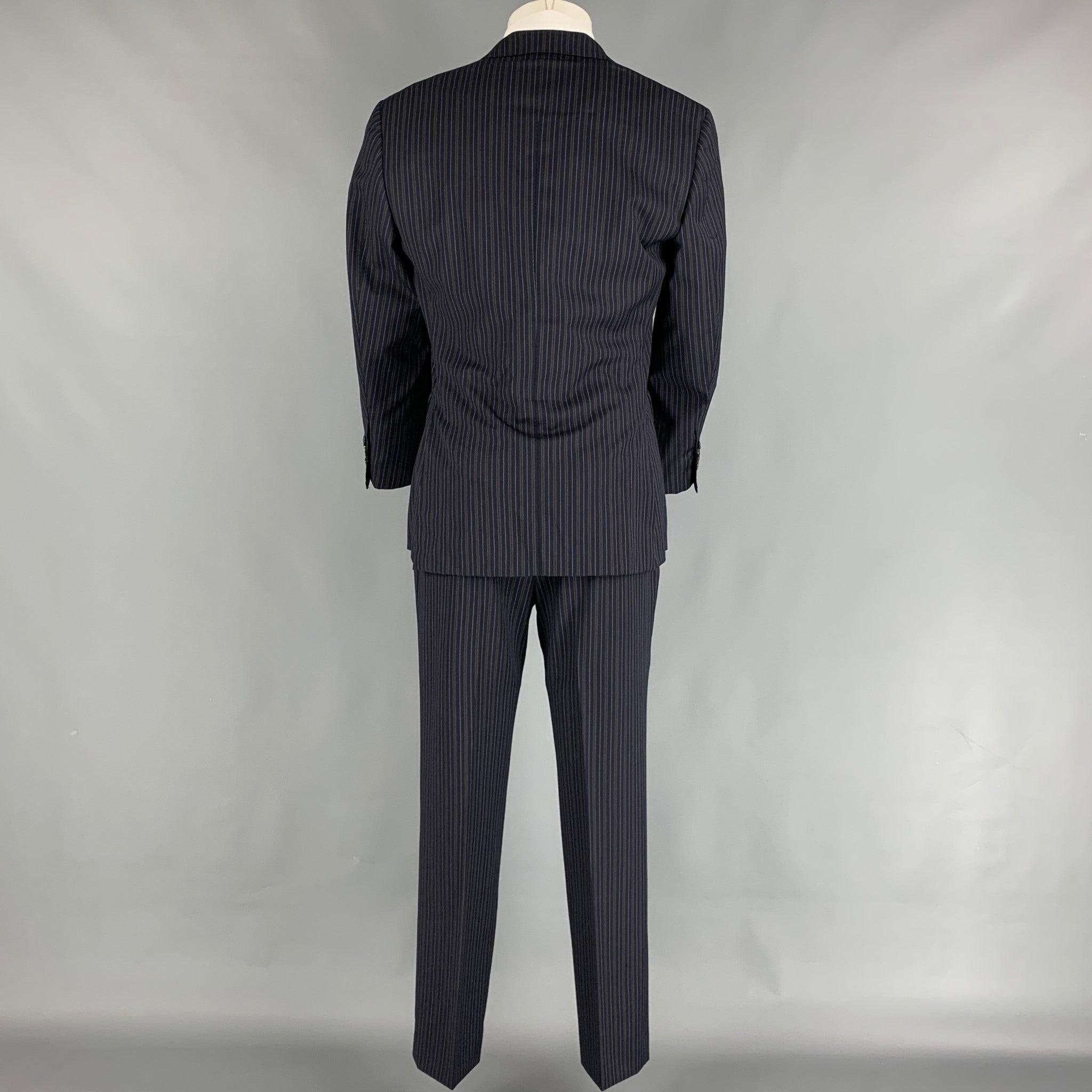ERMENEGILDO ZEGNA Size 38 Navy & Brown Stripe Wool Notch Lapel Suit In Good Condition For Sale In San Francisco, CA