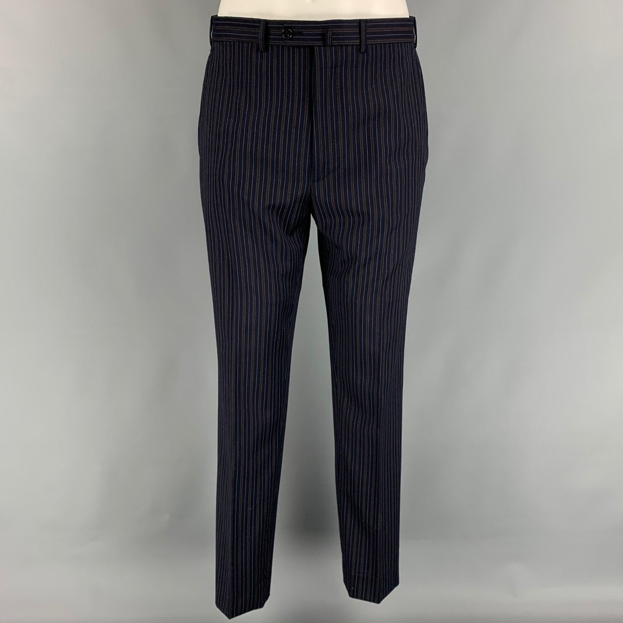 ERMENEGILDO ZEGNA Size 38 Navy & Brown Stripe Wool Notch Lapel Suit For Sale 1
