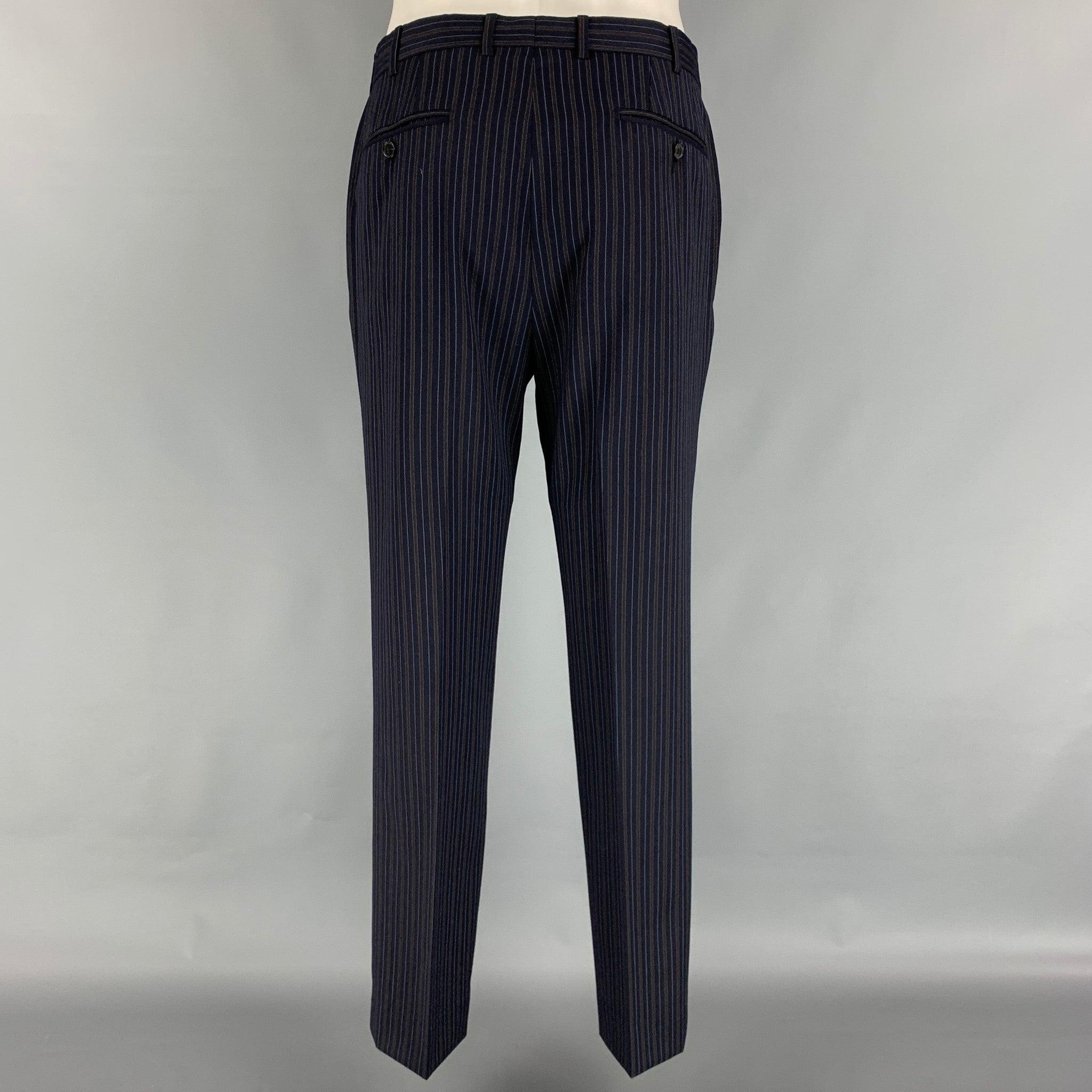 ERMENEGILDO ZEGNA Size 38 Navy & Brown Stripe Wool Notch Lapel Suit For Sale 2
