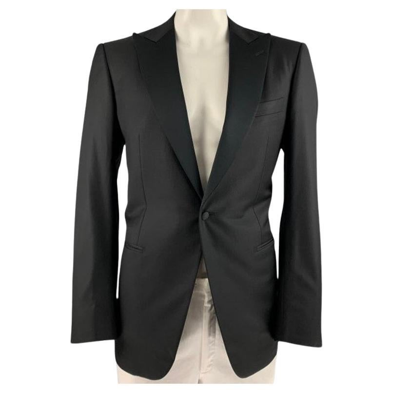 ERMENEGILDO ZEGNA Talla 40 Chaquetón negro de lana con solapa de pico