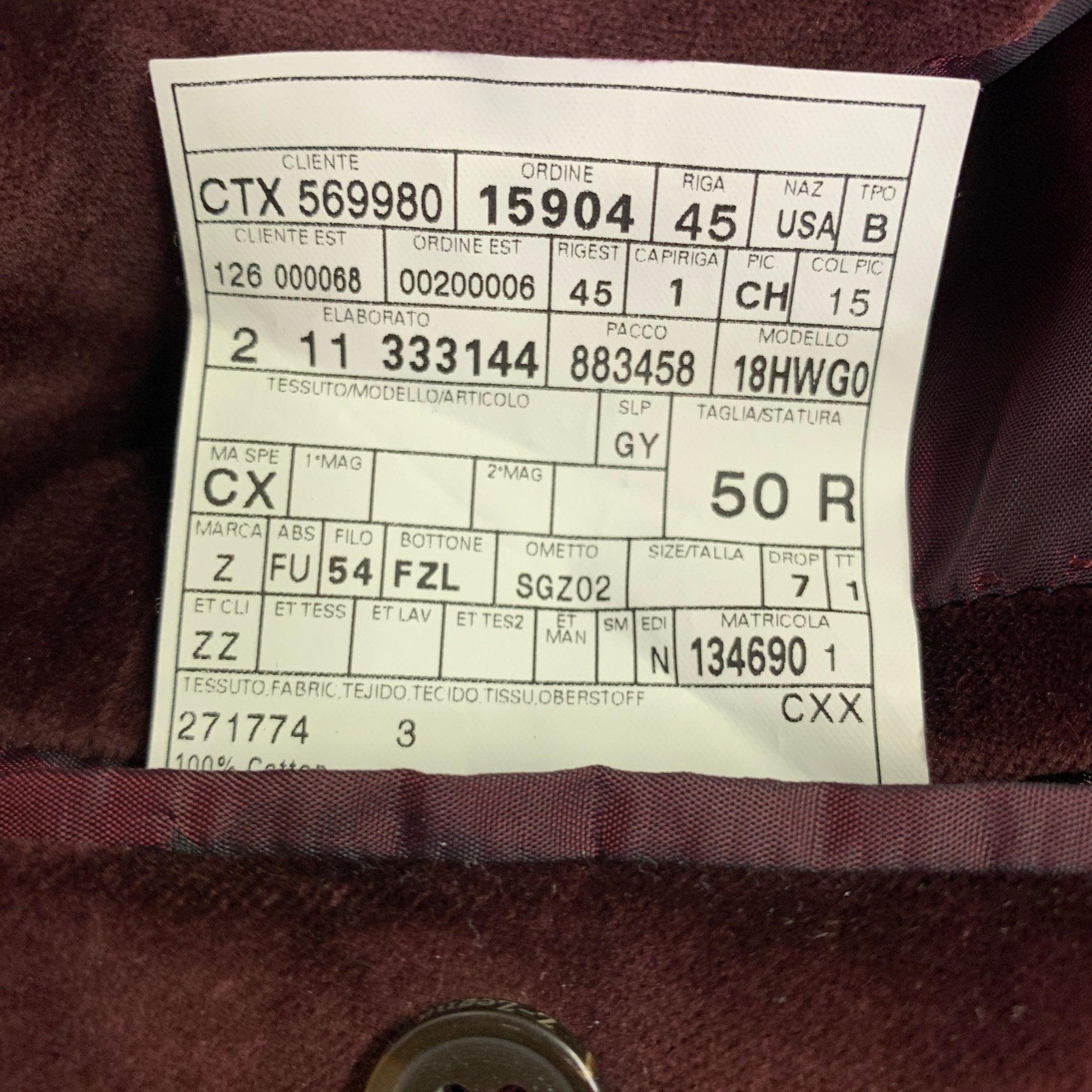 ERMENEGILDO ZEGNA - Manteau de sport en velours et coton bordeaux, taille 40 en vente 2