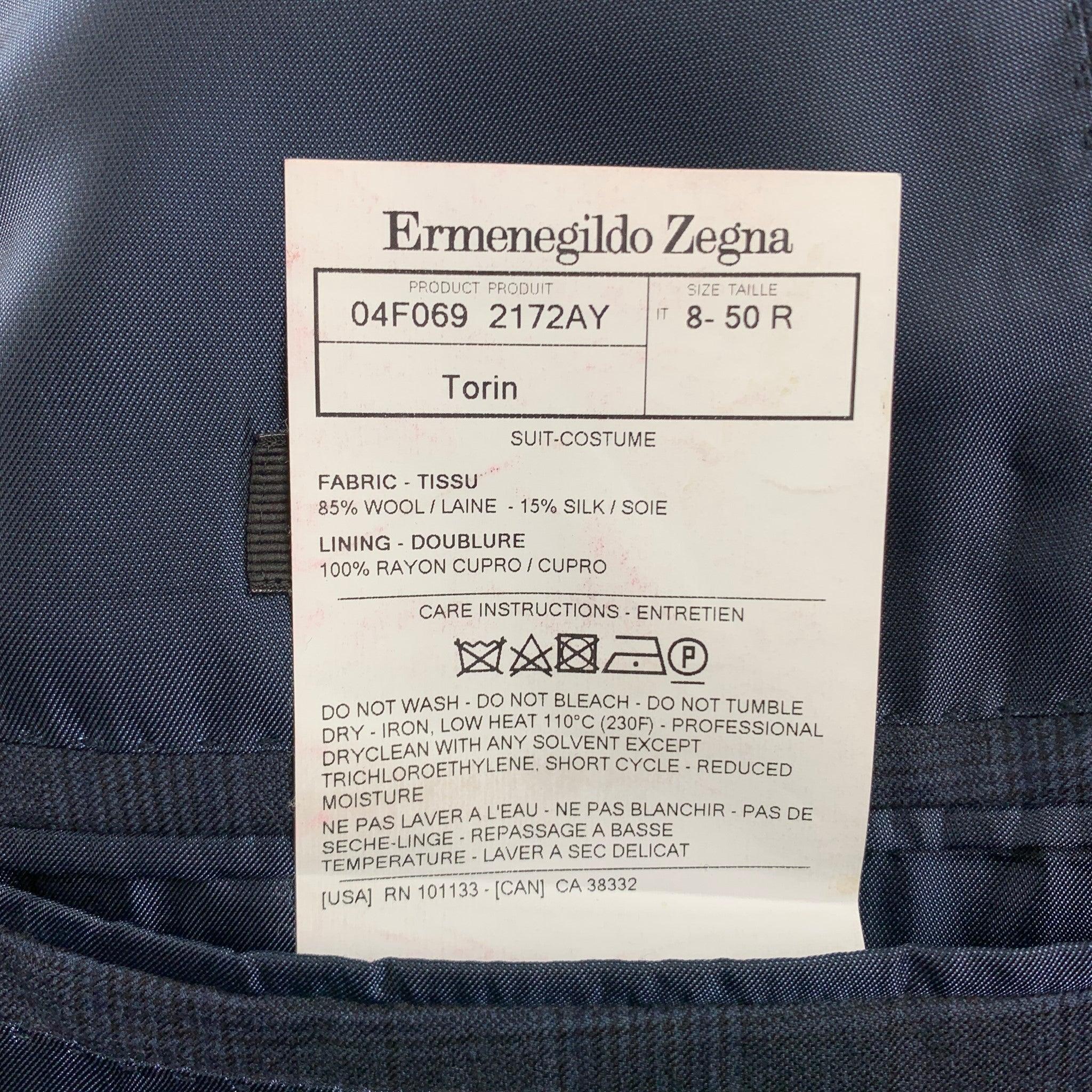 ERMENEGILDO ZEGNA Size 40 Navy Glenplaid Wool / Silk Double Breasted Suit For Sale 3
