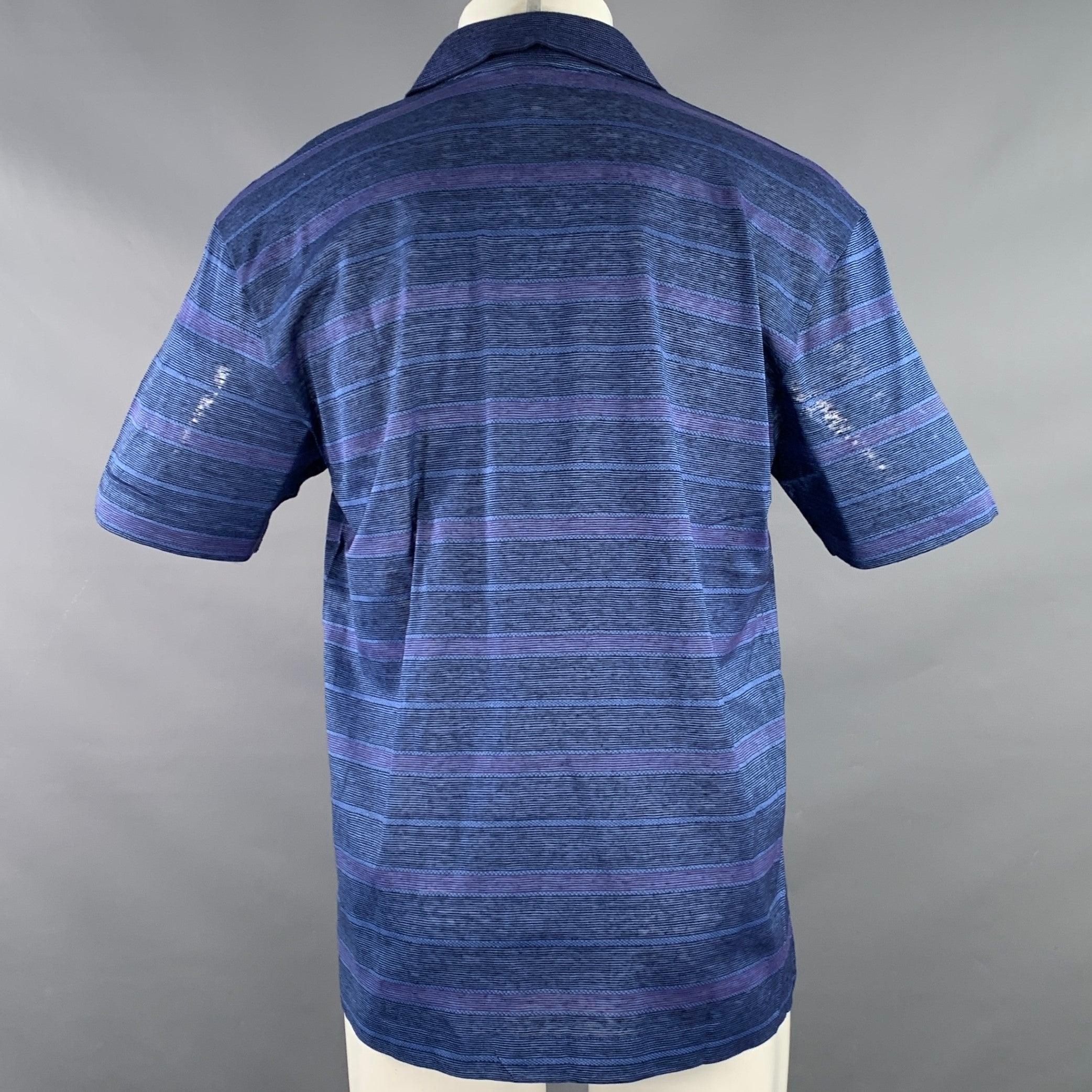 ERMENEGILDO ZEGNA Size 40 Navy Purple Stripe Linen One Pocket Polo In Excellent Condition For Sale In San Francisco, CA