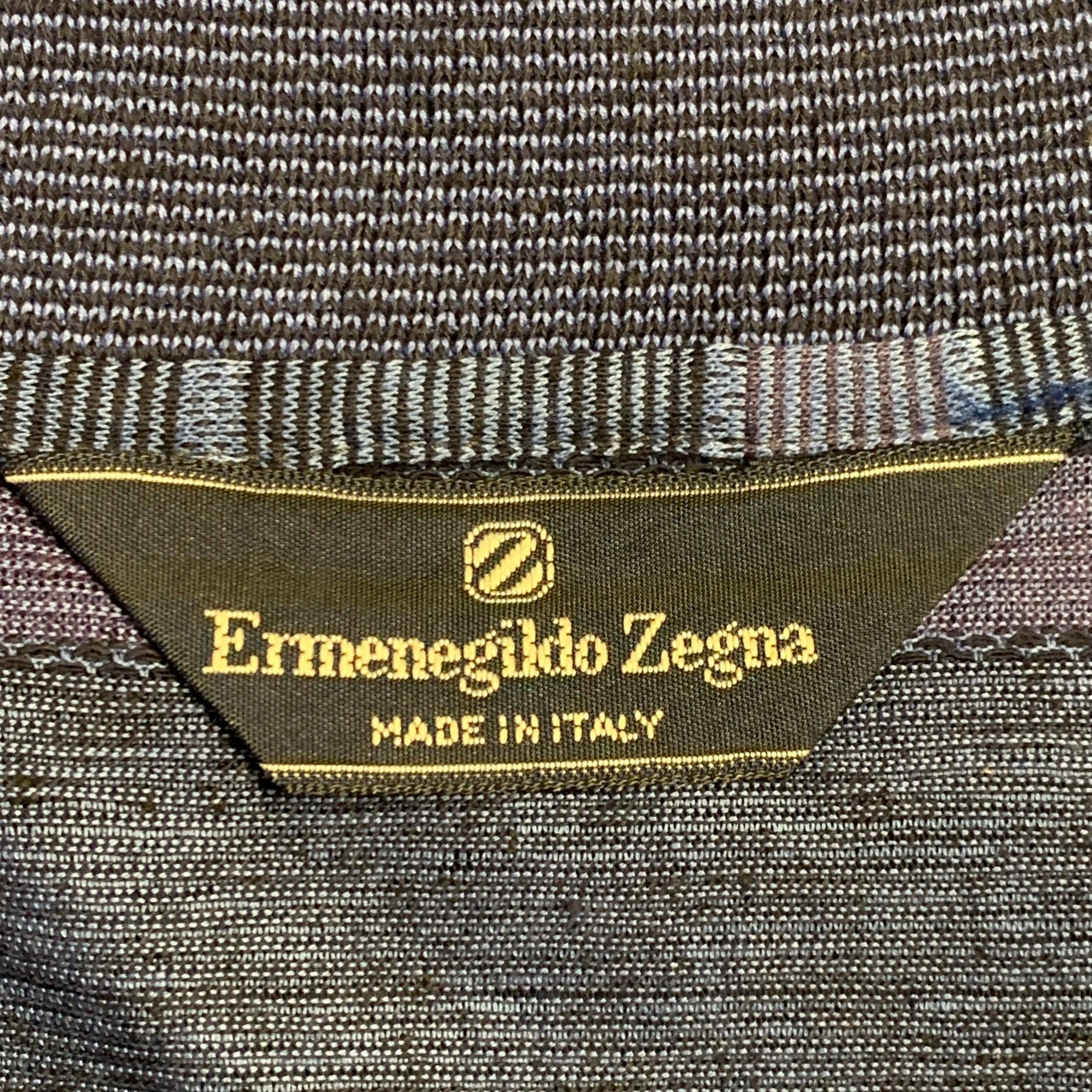 Men's ERMENEGILDO ZEGNA Size 40 Navy Purple Stripe Linen One Pocket Polo For Sale