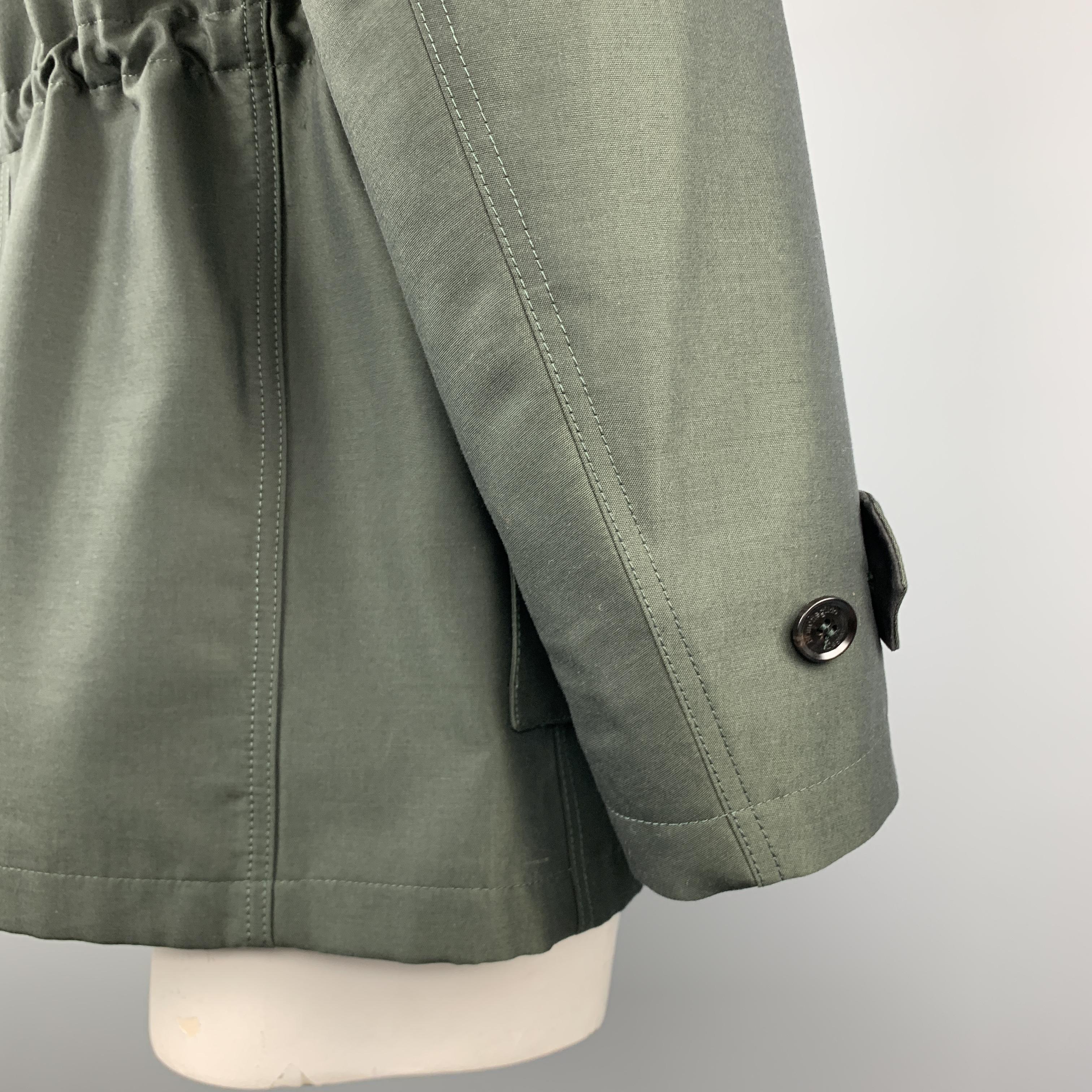 ERMENEGILDO ZEGNA Size 40 Olive Sharkskin Hooded Drawstring Coat In New Condition In San Francisco, CA