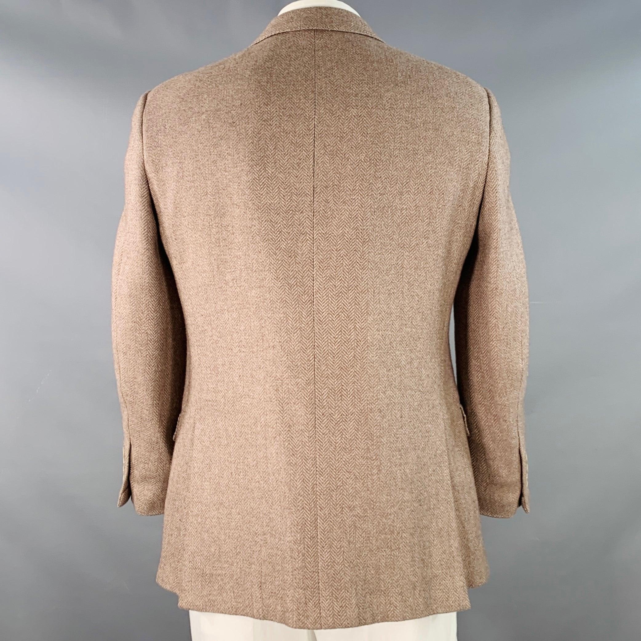 Men's ERMENEGILDO ZEGNA Size 42 Beige Taupe Herringbone Cashmere Silk Sport Coat For Sale