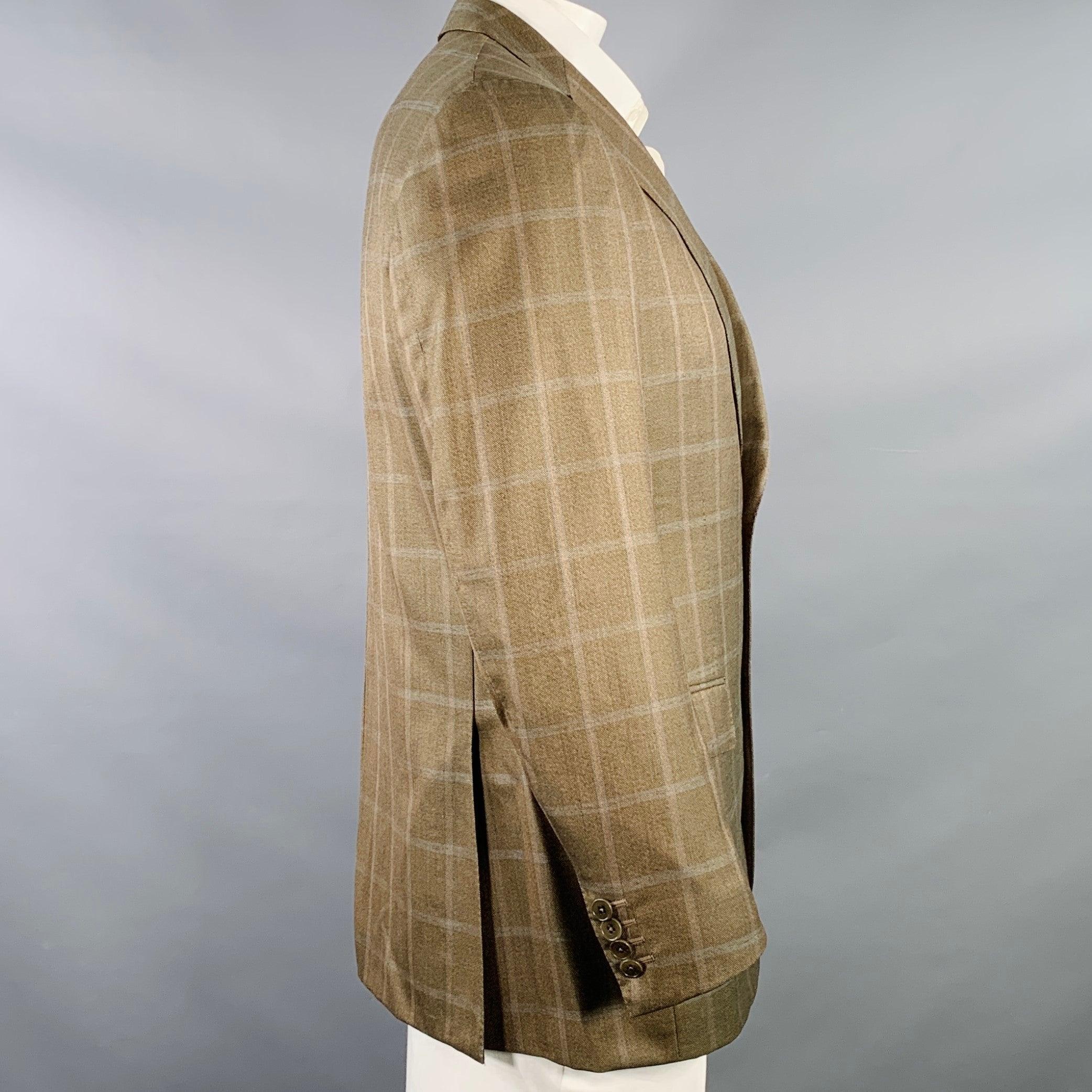 ERMENEGILDO ZEGNA Size 42 Brown Olive Window Pane Silk Wool Notch Lapel Sport Coat In Excellent Condition For Sale In San Francisco, CA