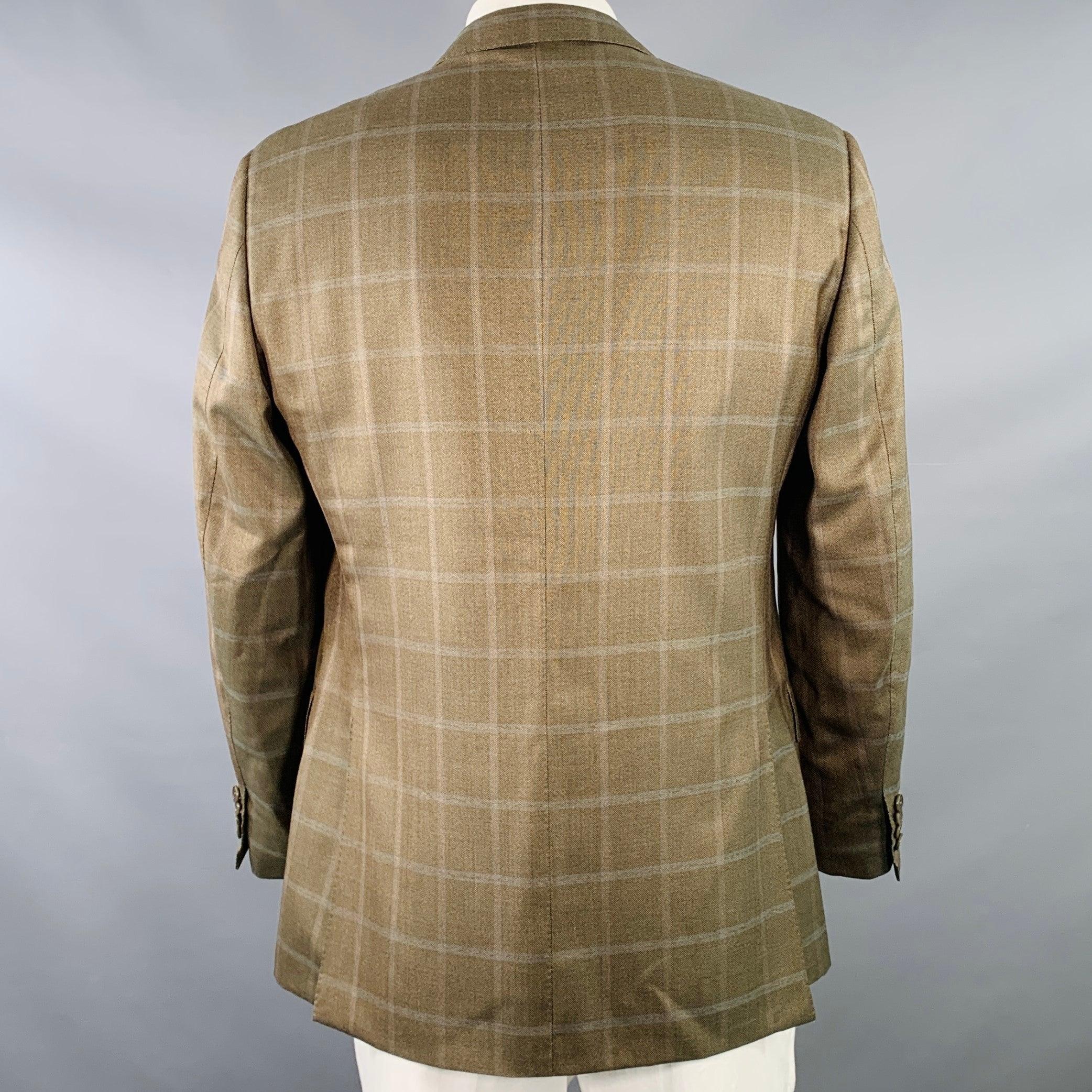 Men's ERMENEGILDO ZEGNA Size 42 Brown Olive Window Pane Silk Wool Notch Lapel Sport Coat For Sale