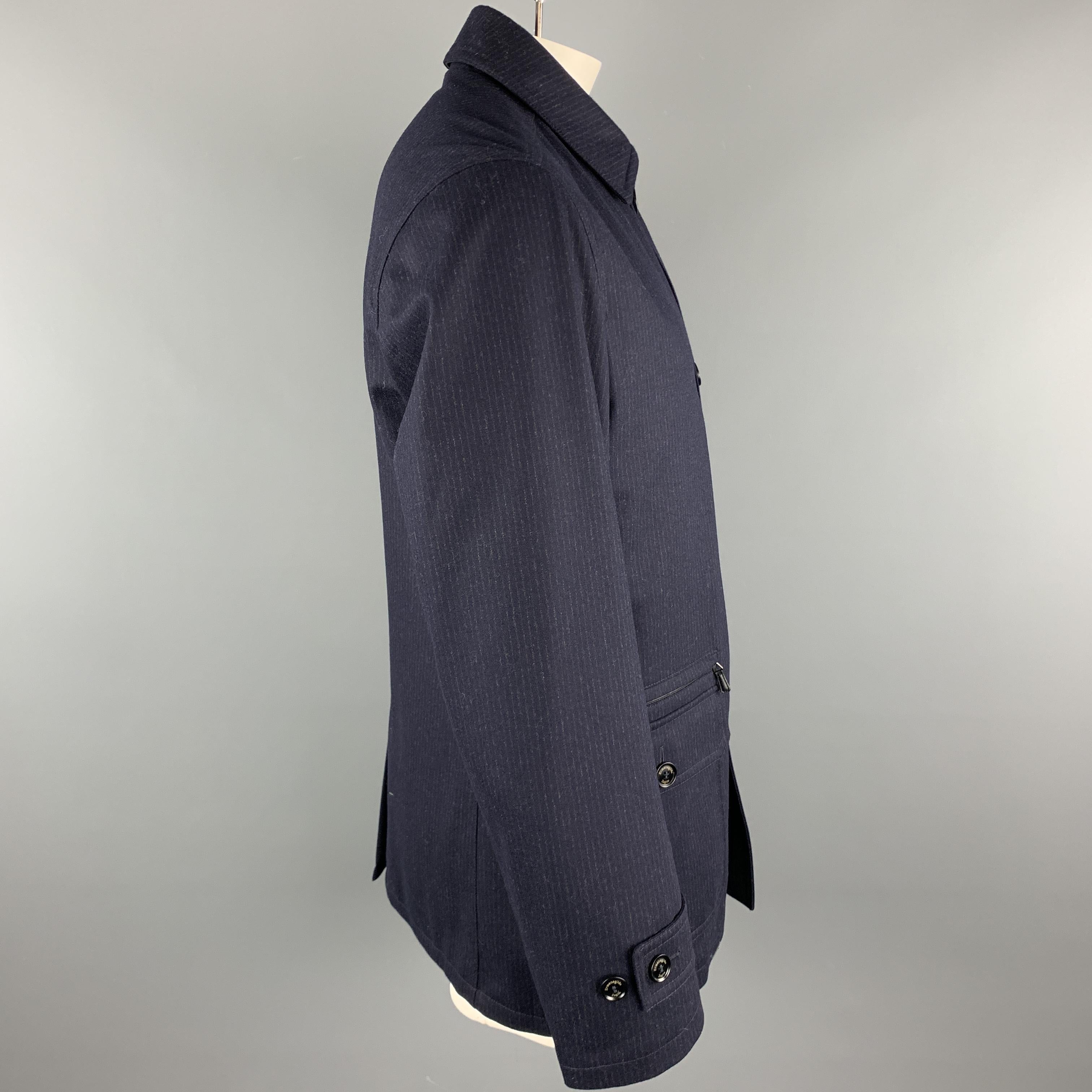 Black ERMENEGILDO ZEGNA Size 42 Navy Blue Pinstripe Wool Zip & Buttons Coat