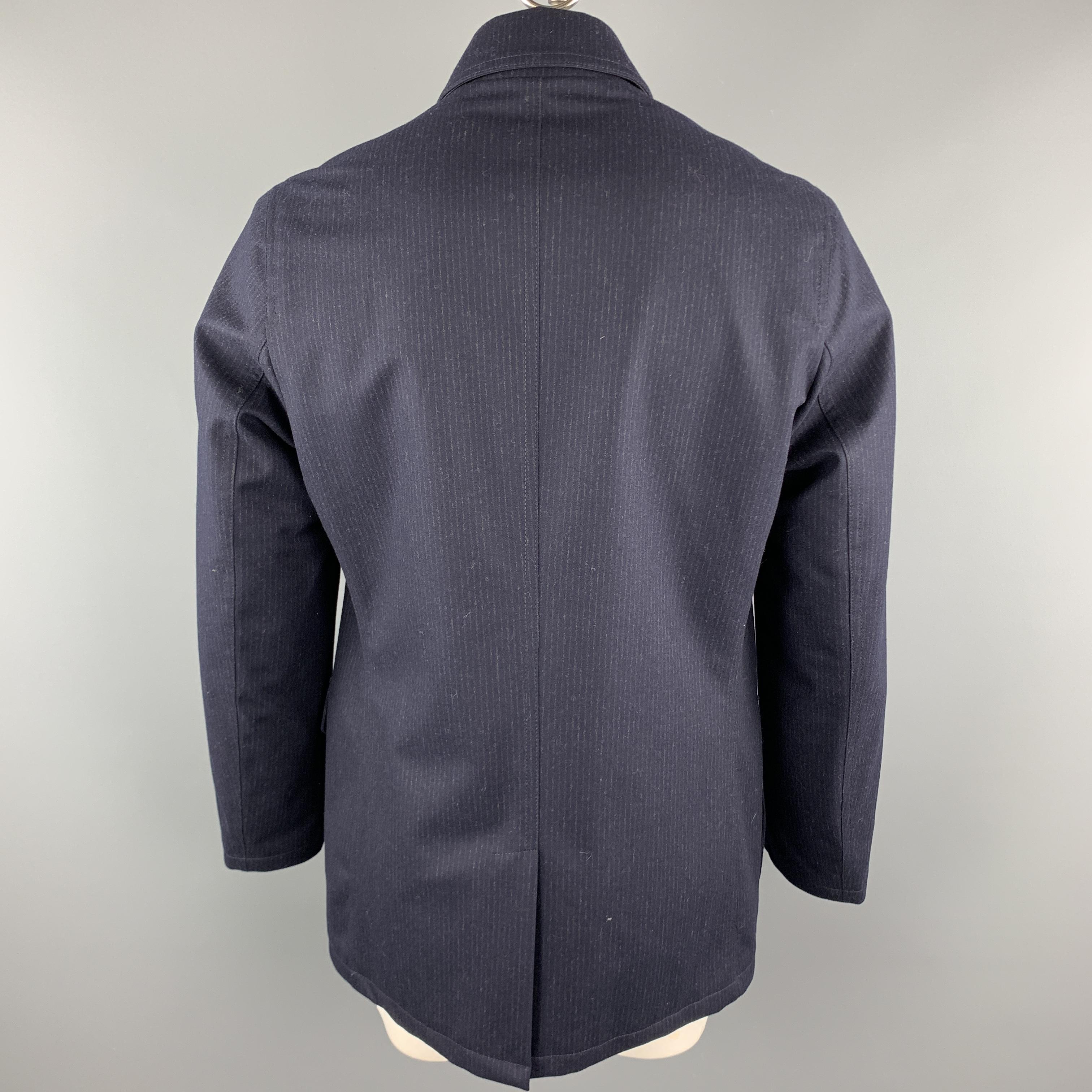 ERMENEGILDO ZEGNA Size 42 Navy Blue Pinstripe Wool Zip & Buttons Coat In New Condition In San Francisco, CA