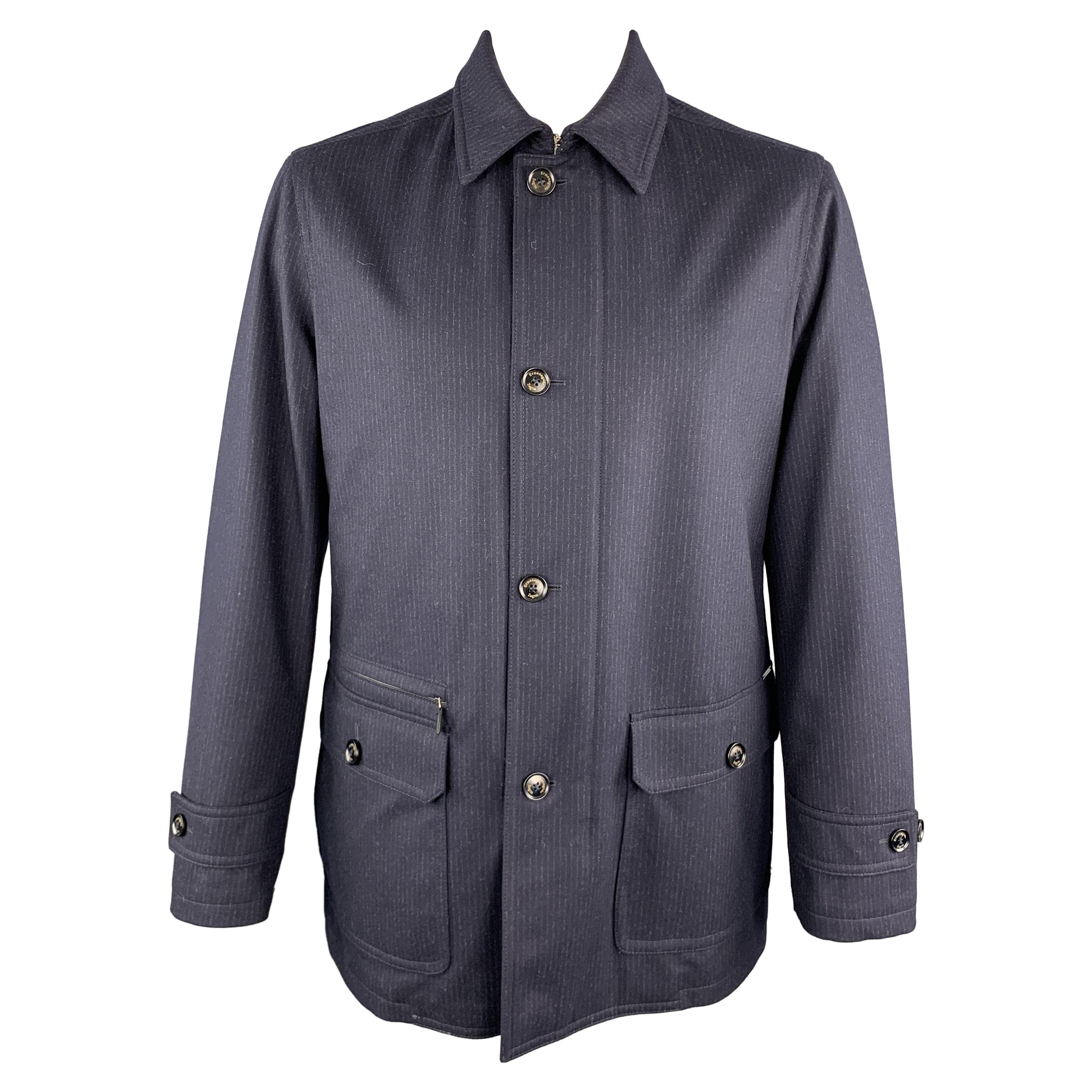 ERMENEGILDO ZEGNA Size 42 Navy Blue Pinstripe Wool Zip & Buttons Coat