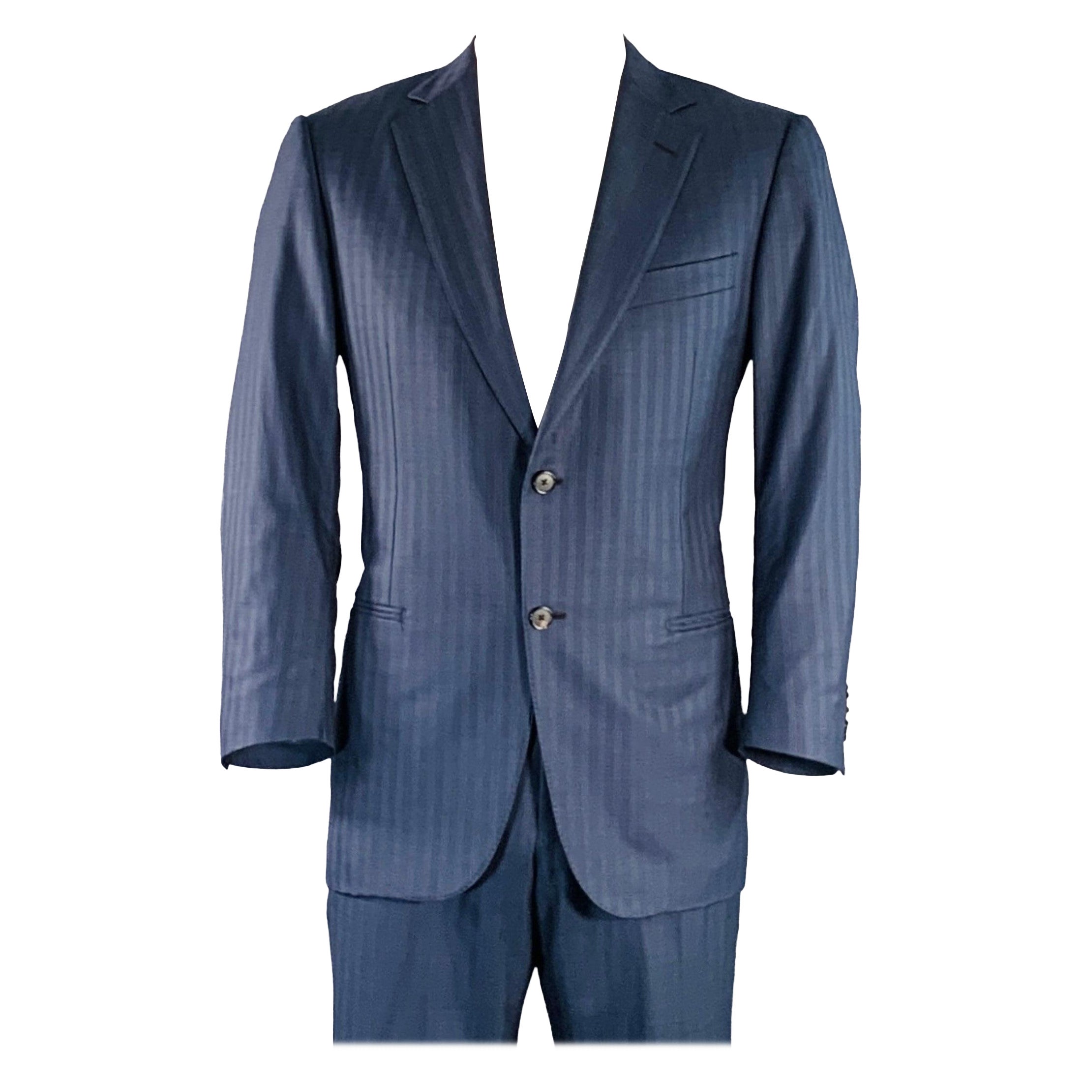 ERMENEGILDO ZEGNA Size 42 Regular Navy Blue Stripe Wool Notch Lapel Suit For Sale