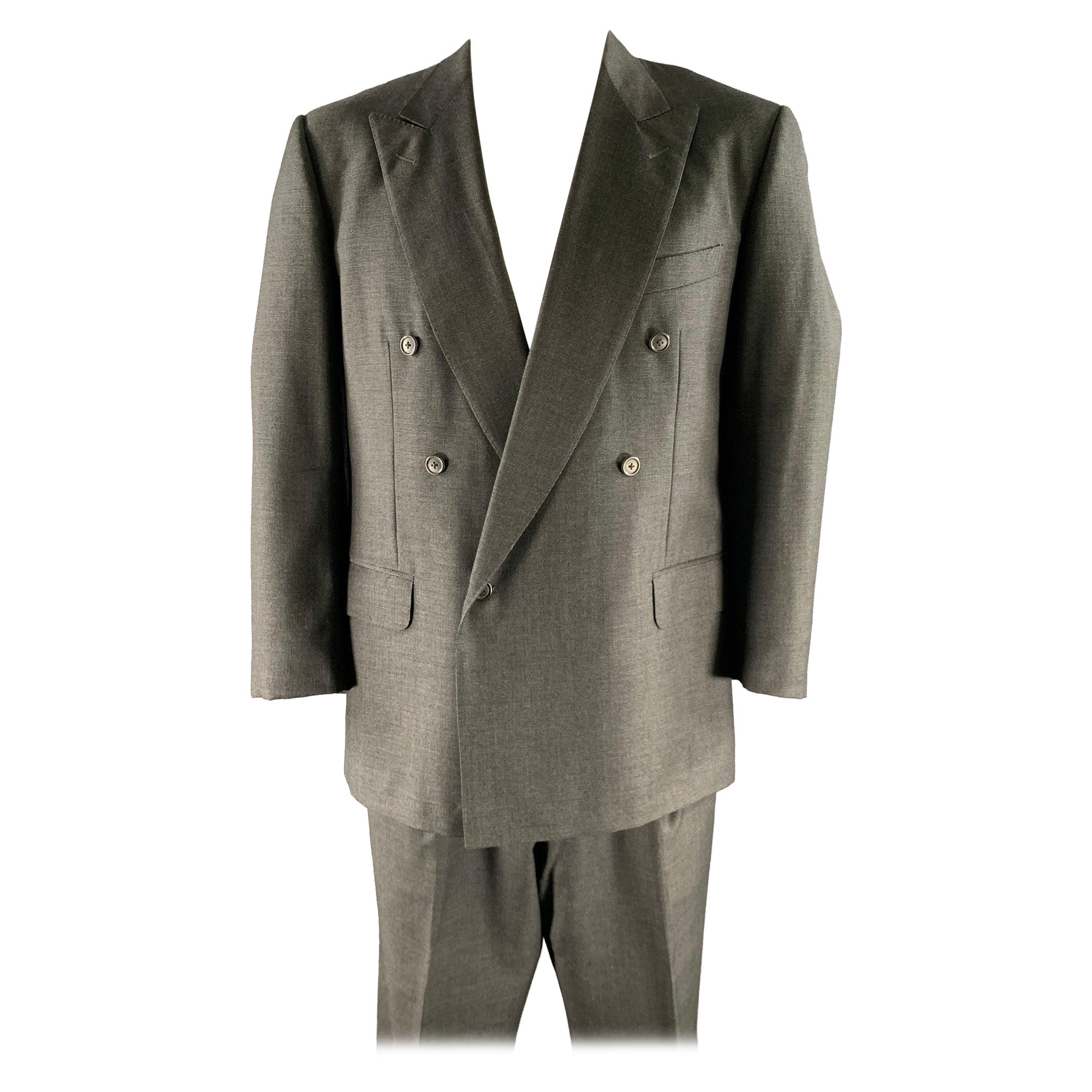 Pre-owned Ermenegildo Zegna Size 46 Grey Black Nailhead Wool Peak Lapel Suit In Gray
