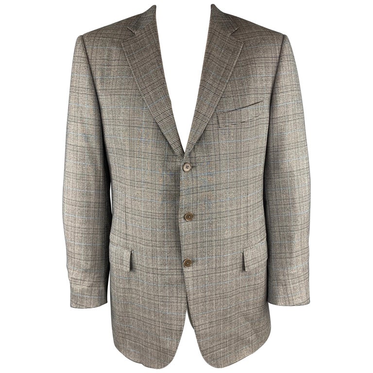 ERMENEGILDO ZEGNA Size 46 Plaid Gray Wool Notch Lapel Long Sport Coat ...