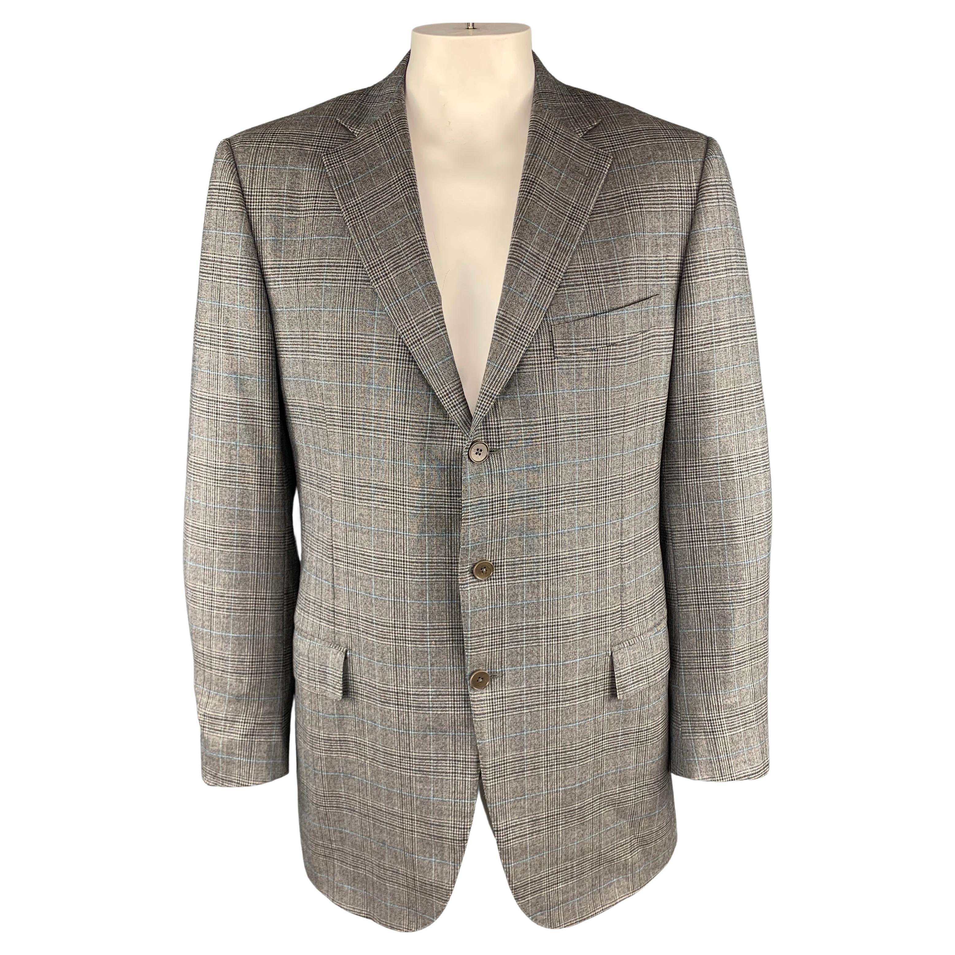 ERMENEGILDO ZEGNA Size 46 Plaid Gray Wool Notch Lapel Long Sport Coat For Sale
