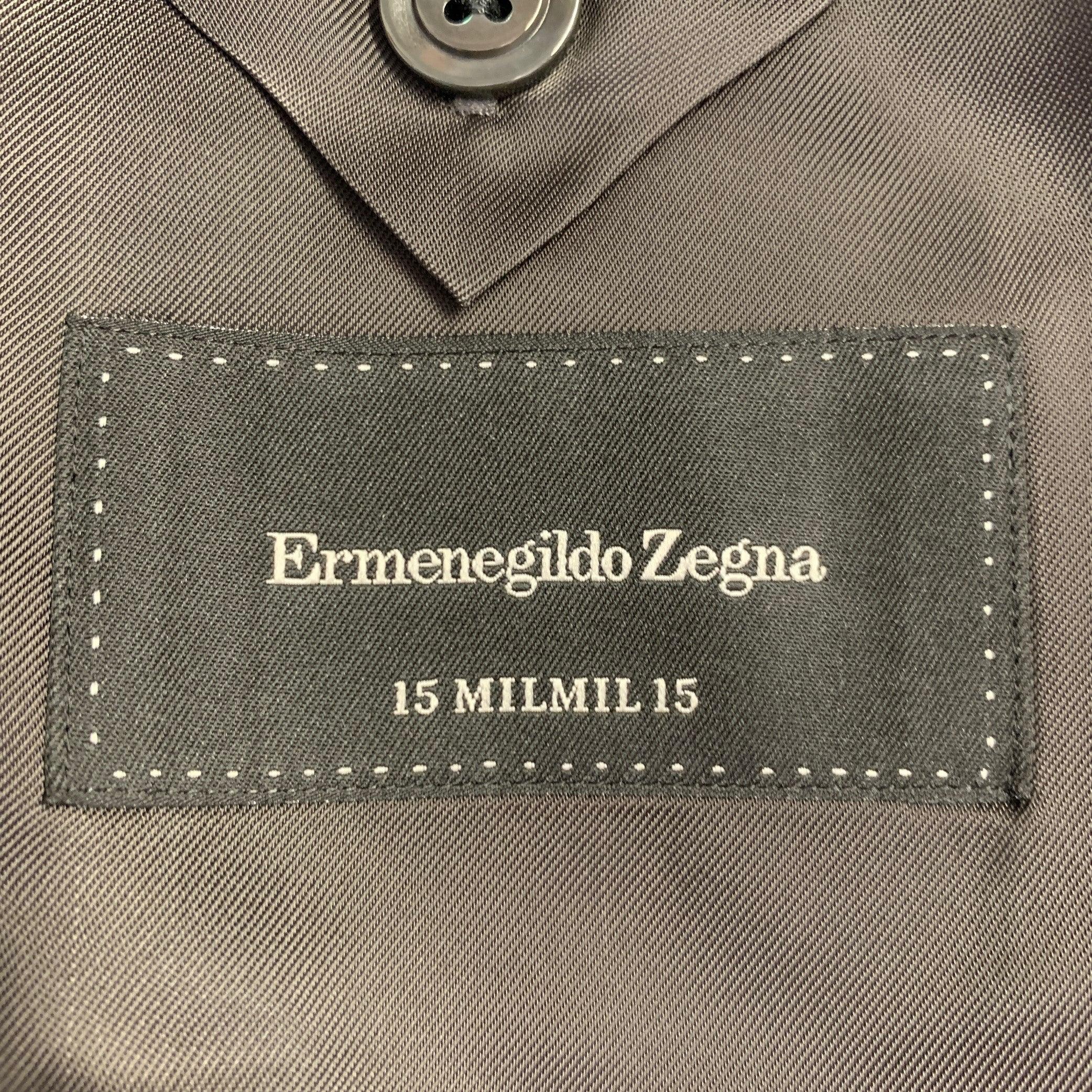 ERMENEGILDO ZEGNA Größe 48 Langer grauer anthrazitfarbener Holzkohle-Wandmantel mit Fensterhose aus Wolle im Angebot 1