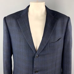 ERMENEGILDO ZEGNA Size 48 Long Navy Plaid Wool Notch Lapel Long Sport Coat