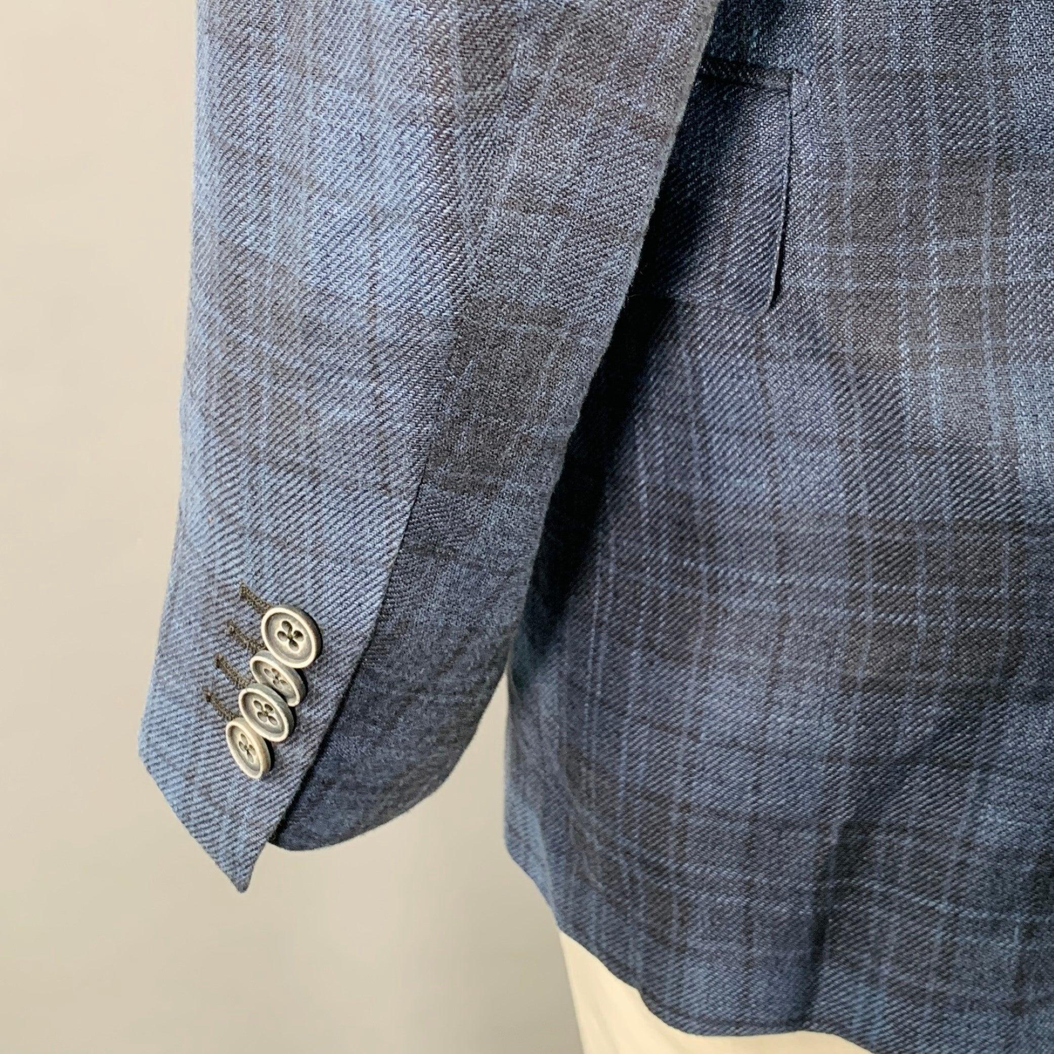 ERMENEGILDO ZEGNA Size 48 Regular Blue Navy Plaid Notch Lapel Sport Coat For Sale 1