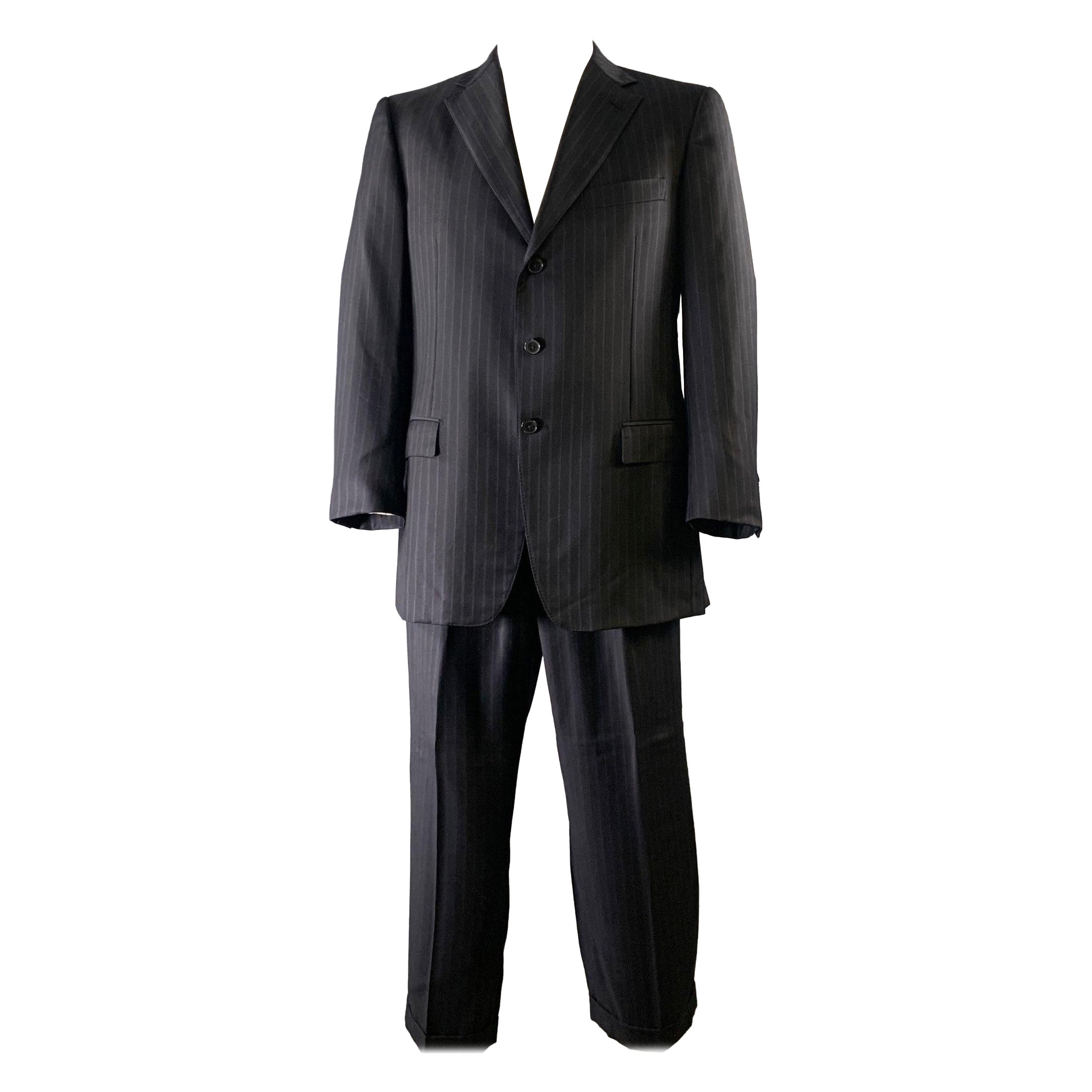 Pre-owned Ermenegildo Zegna Size 52 Black Pinstripe Wool Silk Notch Lapel Suit