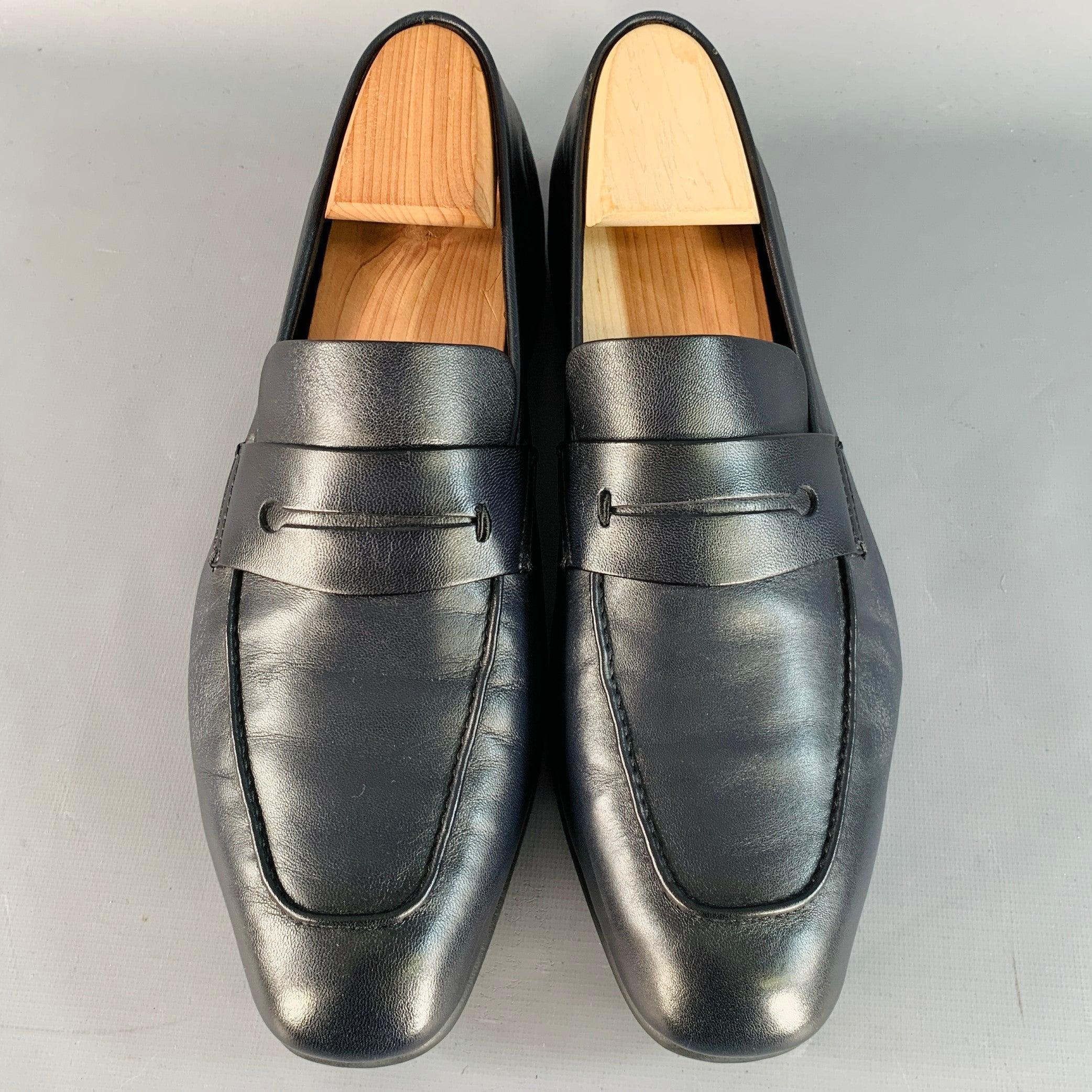 ERMENEGILDO ZEGNA Größe 9 L'Asola Schwarz Lammfell Leder Penny Loafers Herren im Angebot