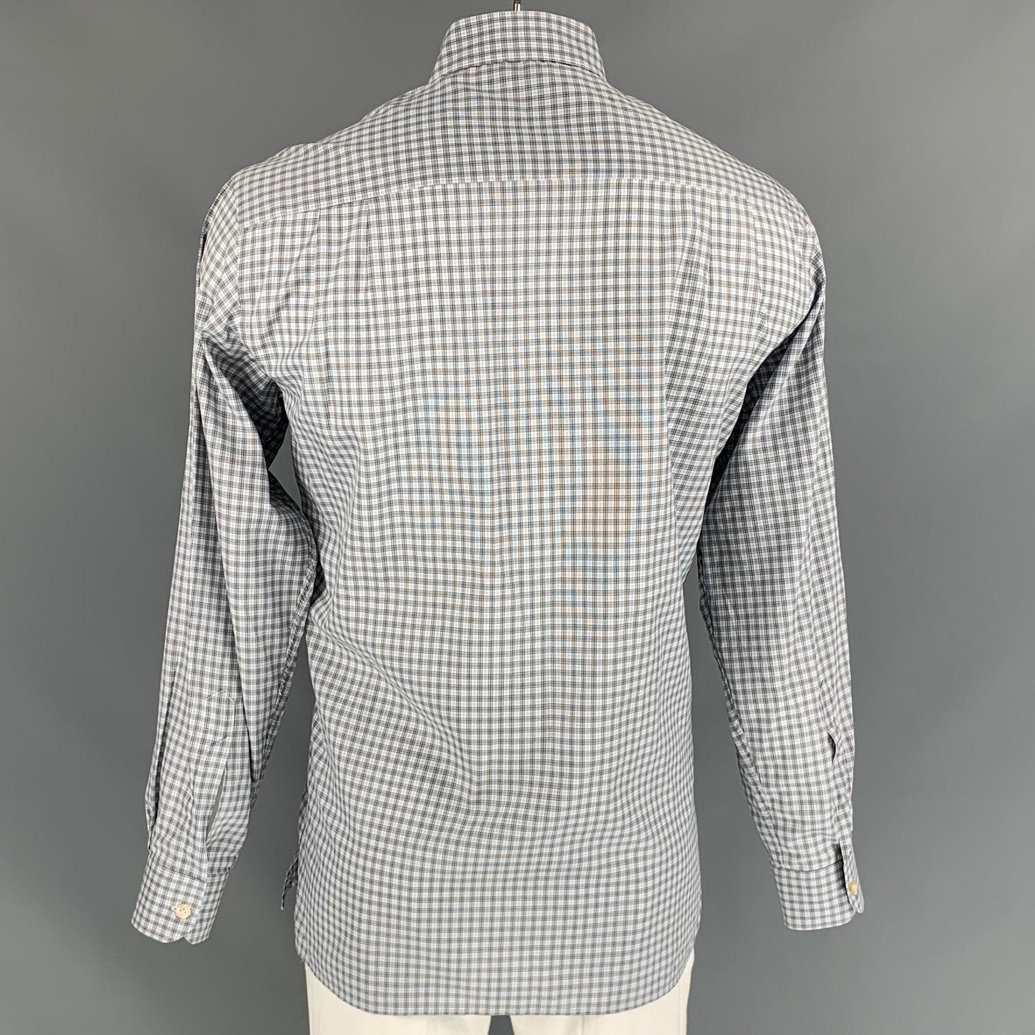 ERMENEGILDO ZEGNA Size L Blue & Brown Plaid Cotton Button Down Long Sleeve Shirt In Good Condition For Sale In San Francisco, CA