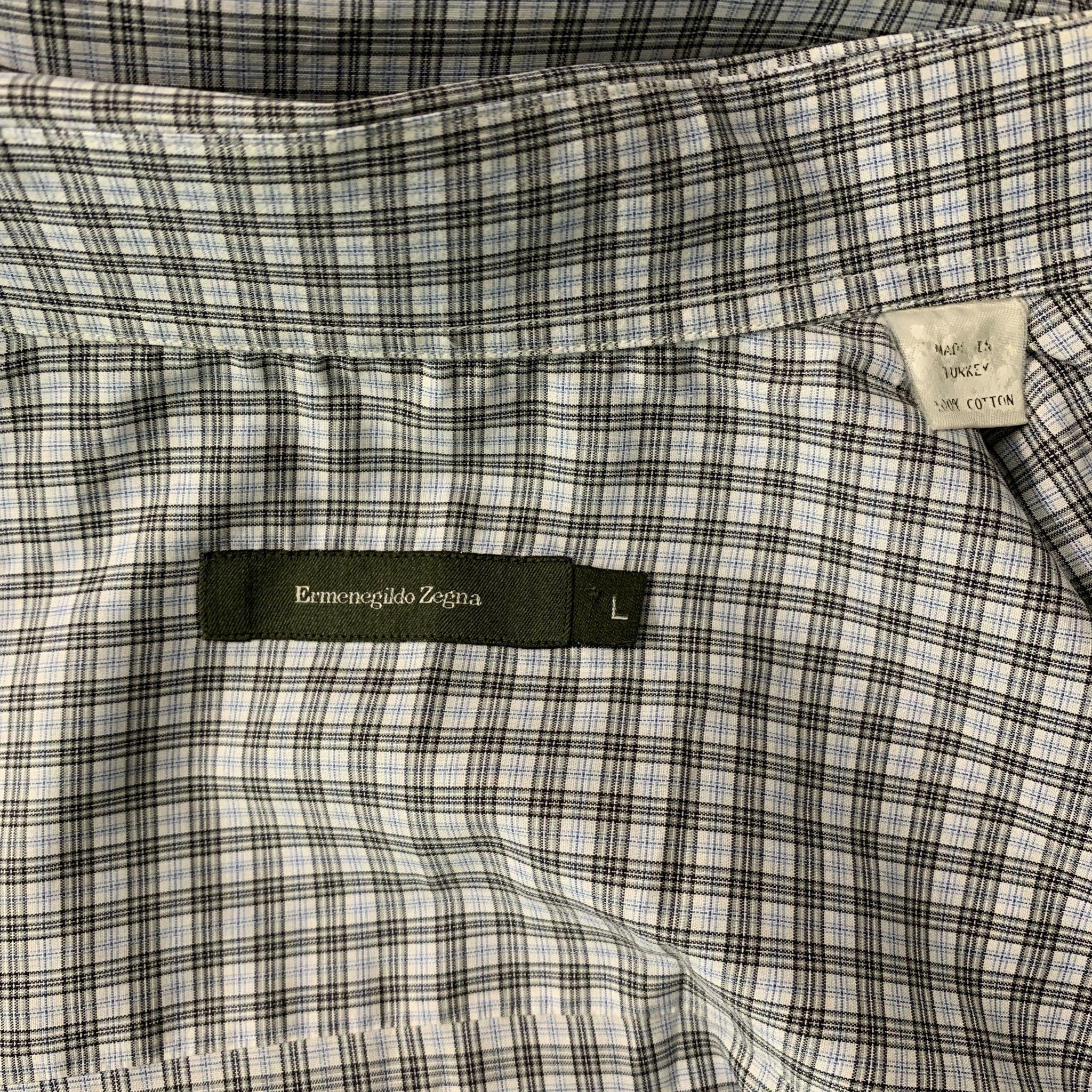 Men's ERMENEGILDO ZEGNA Size L Blue & Brown Plaid Cotton Button Down Long Sleeve Shirt For Sale