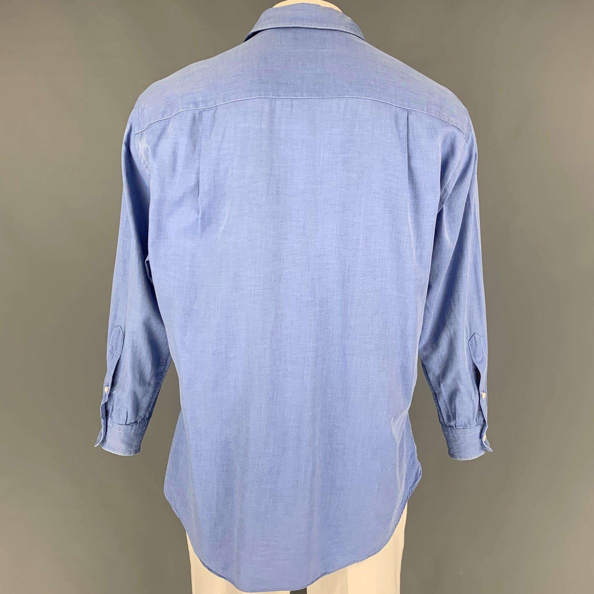 ERMENEGILDO ZEGNA Size L Blue Cotton Button Up Long Sleeve Shirt In Good Condition For Sale In San Francisco, CA