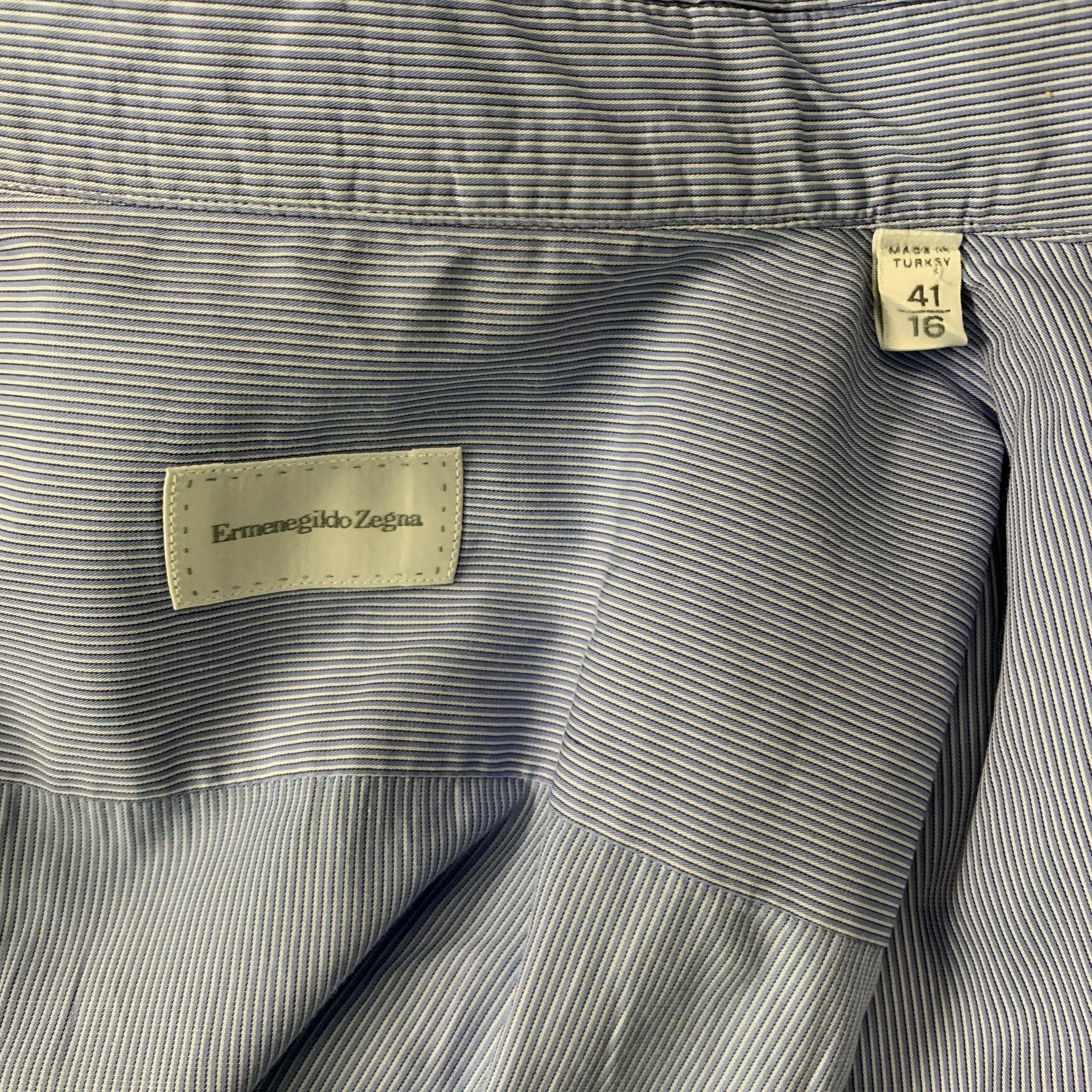 Men's ERMENEGILDO ZEGNA Size L Blue Stripe Cotton Long Sleeve Shirt For Sale