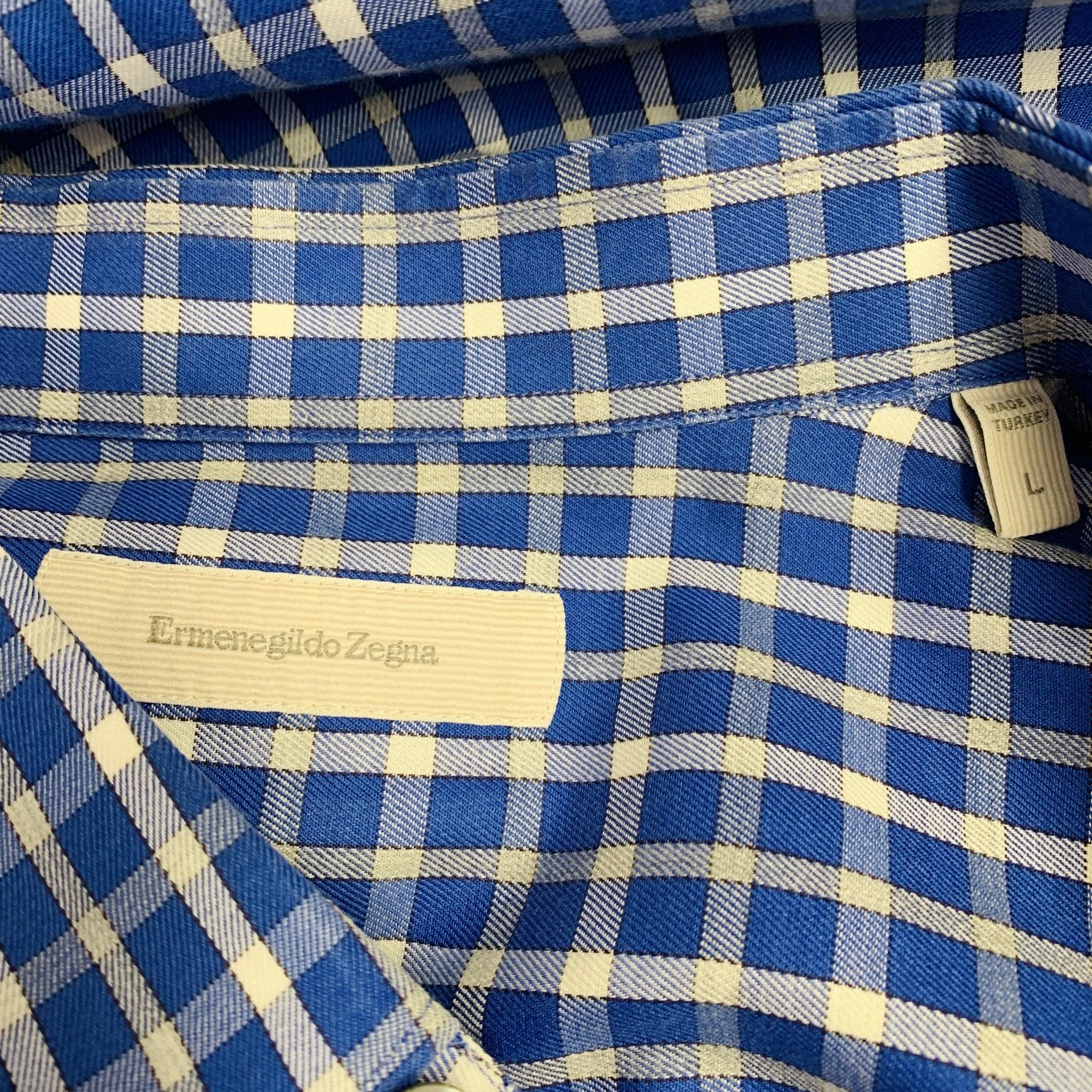 Uomo Ermenegildo Zegna Taglia L Camicia a maniche lunghe in cotone a quadretti blu e bianchi in vendita