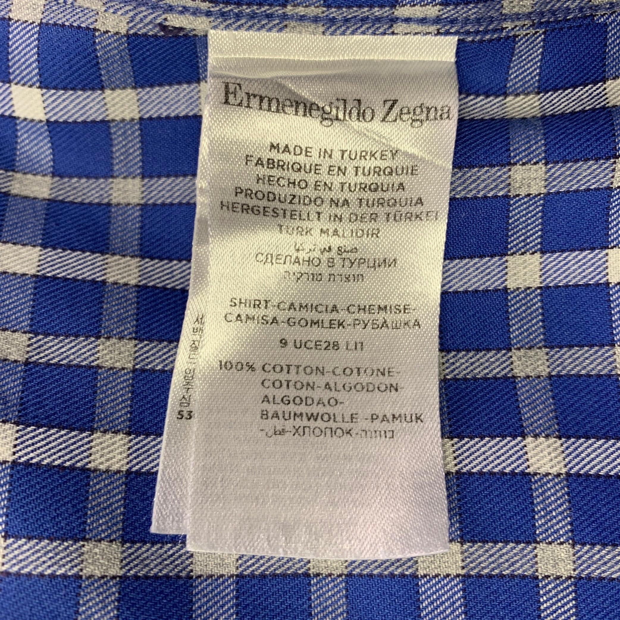Ermenegildo Zegna Taglia L Camicia a maniche lunghe in cotone a quadretti blu e bianchi in vendita 1