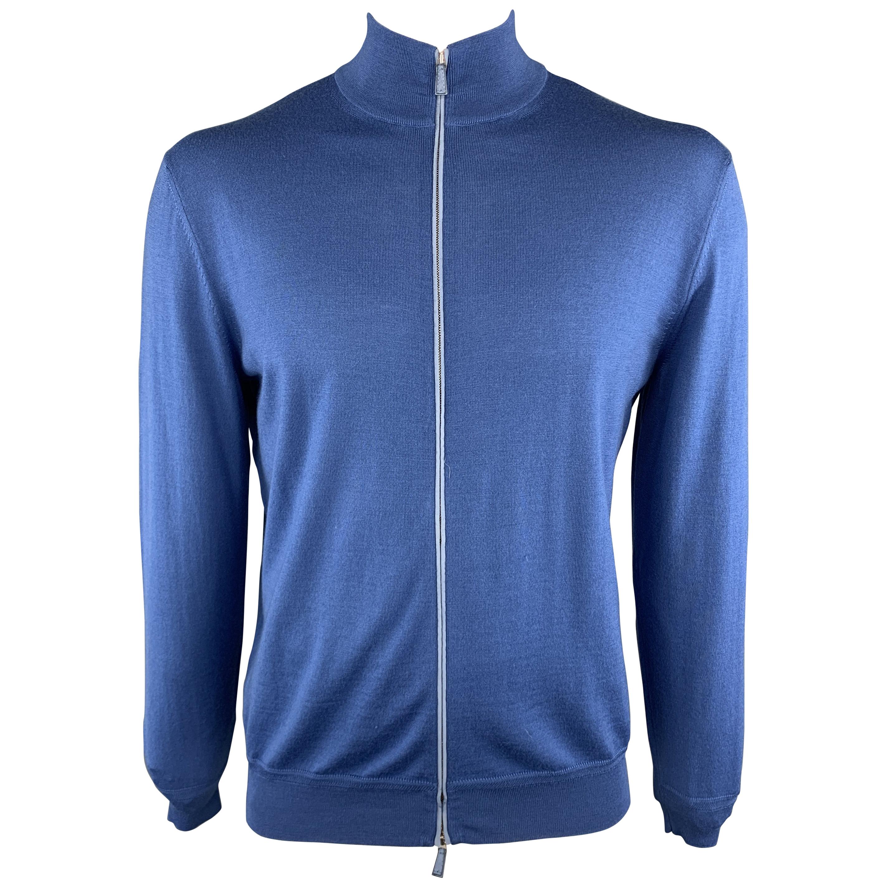 ERMENEGILDO ZEGNA Size L Blue Wool / Cashmere Zip Up Cardigan Sweater