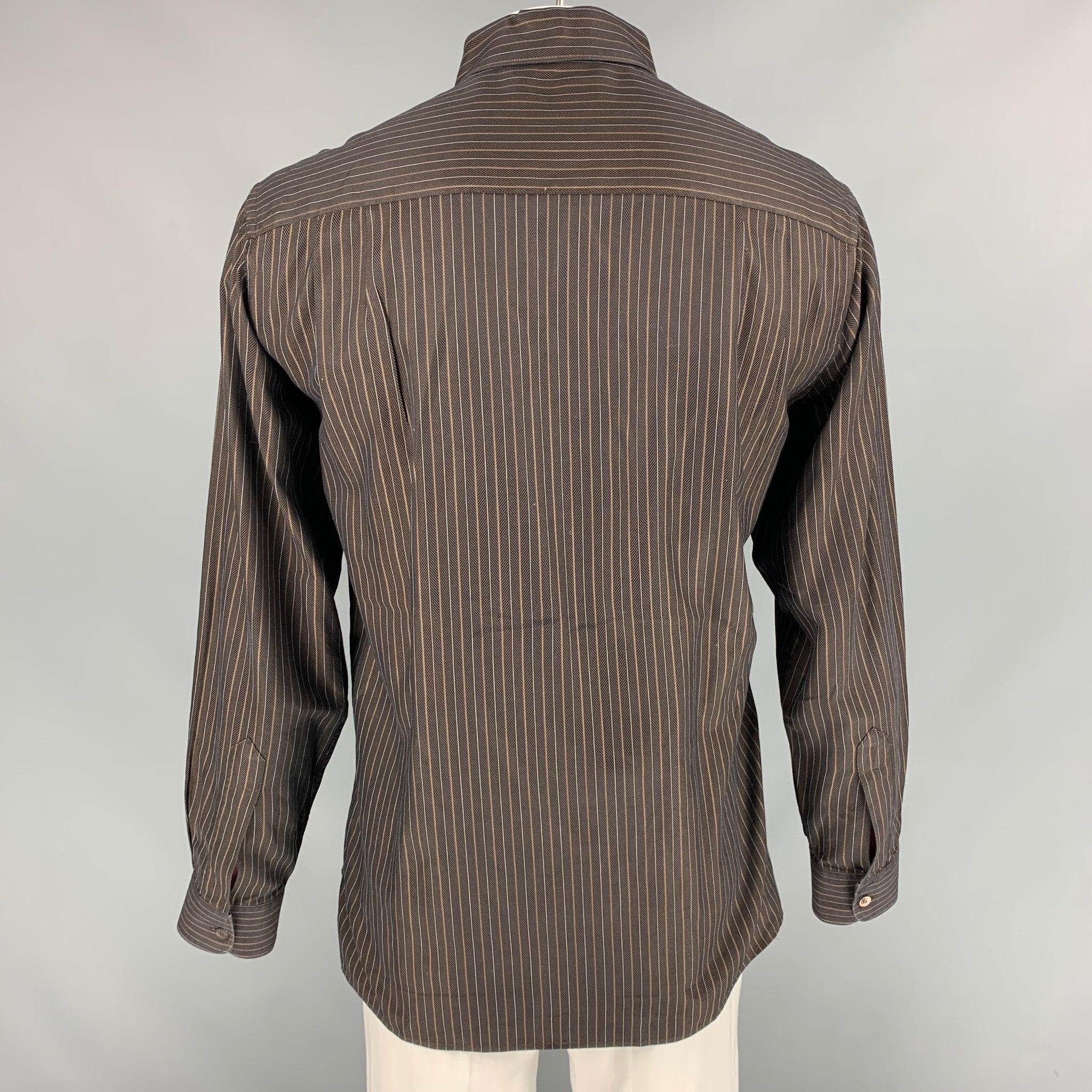 ERMENEGILDO ZEGNA Size L Brown Stripe Cotton Button Down Long Sleeve Shirt In Good Condition For Sale In San Francisco, CA