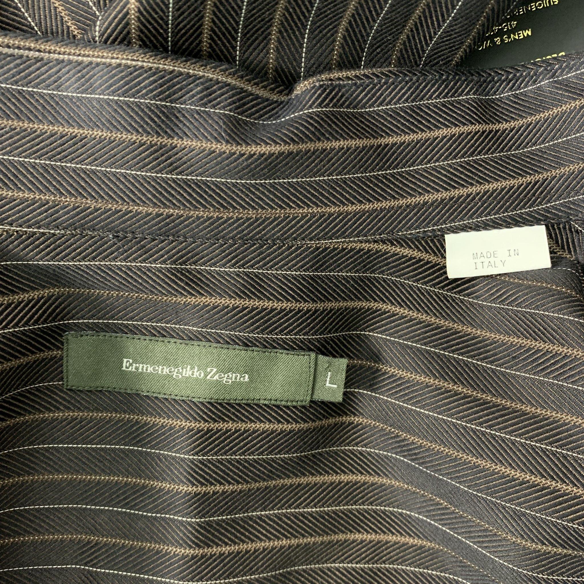 Men's ERMENEGILDO ZEGNA Size L Brown Stripe Cotton Button Down Long Sleeve Shirt For Sale
