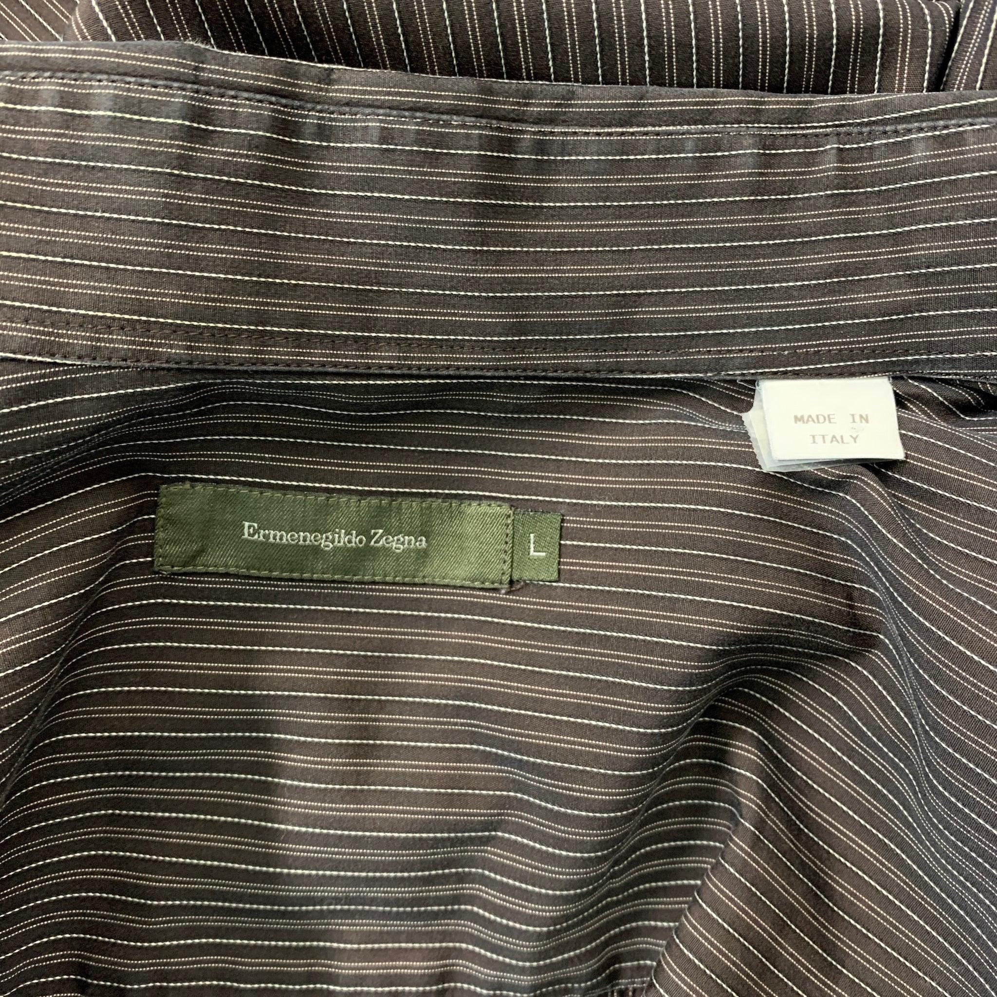 ERMENEGILDO ZEGNA - Chemise à manches longues en coton à rayures marron avec boutons, taille L en vente 1