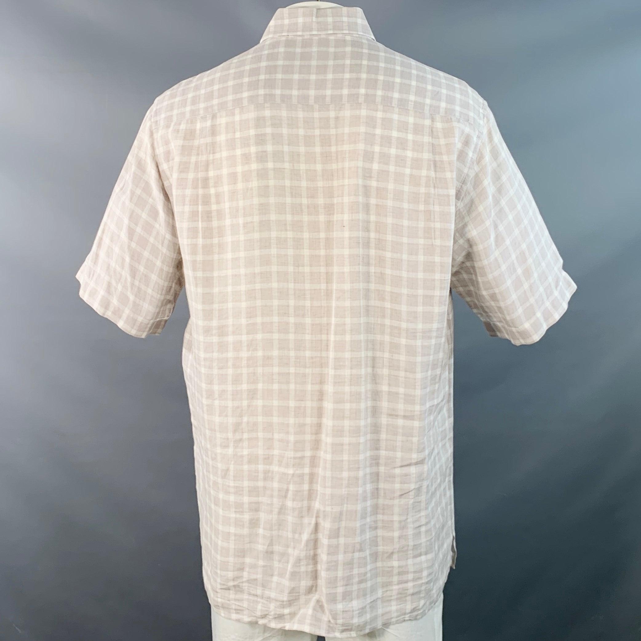 Blanc ERMENEGILDO Zegna Size L Grey White Plaid Linen One Pocket Short Sleeve Shirt (Chemise à manches courtes en lin à une poche) en vente