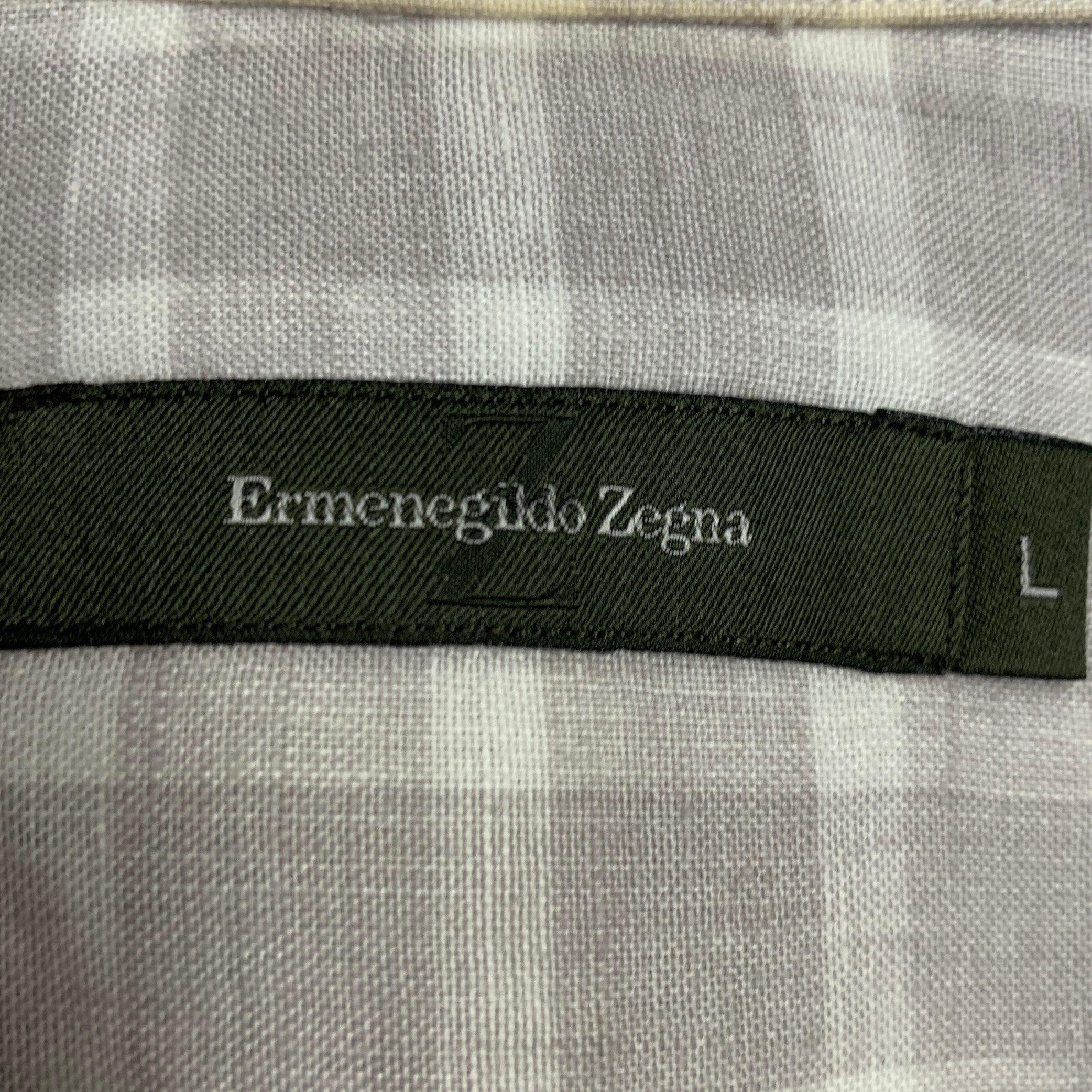 ERMENEGILDO Zegna Size L Grey White Plaid Linen One Pocket Short Sleeve Shirt (Chemise à manches courtes en lin à une poche) en vente 2