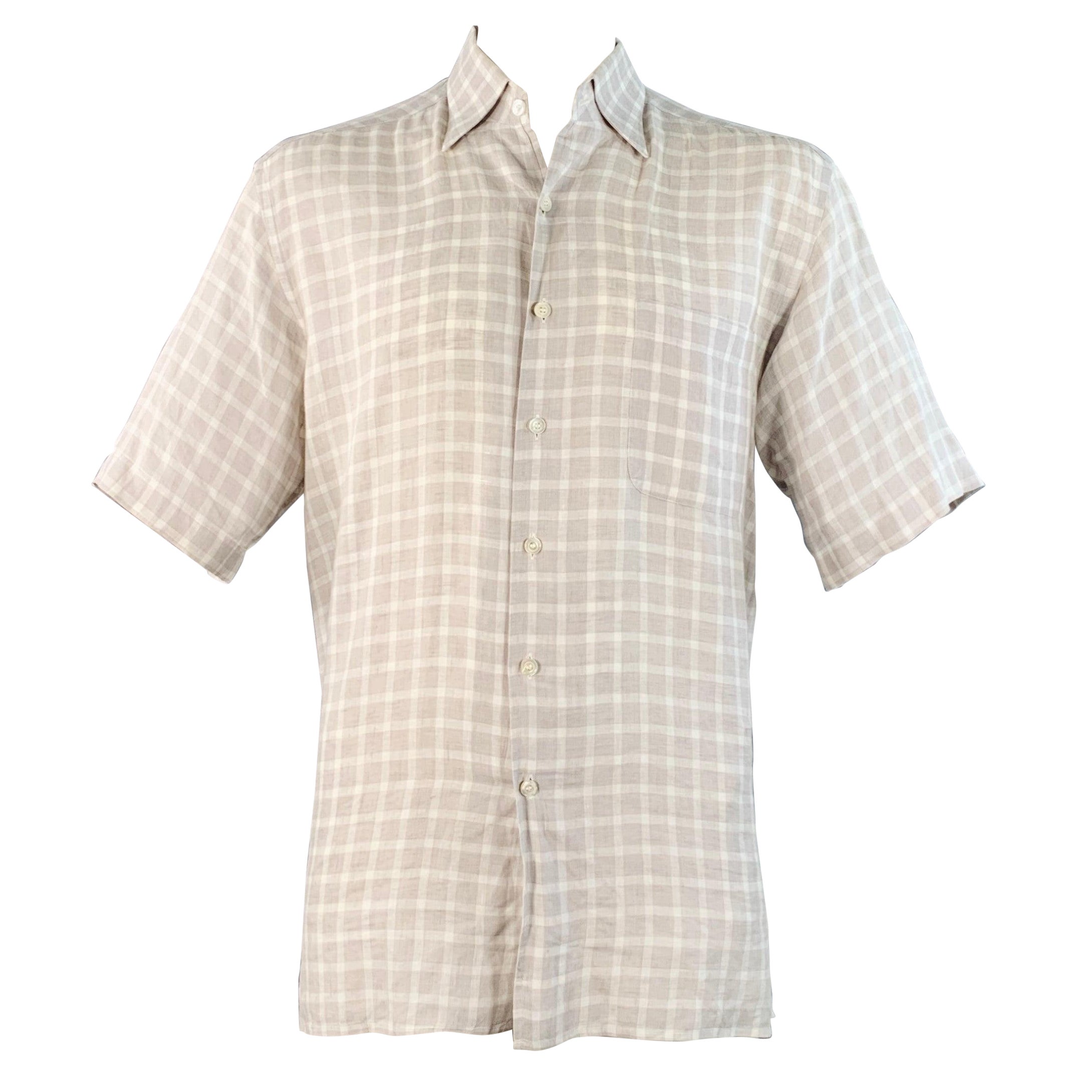 ERMENEGILDO Zegna Size L Grey White Plaid Linen One Pocket Short Sleeve Shirt (Chemise à manches courtes en lin à une poche)