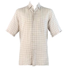 ERMENEGILDO Zegna Size L Grey White Plaid Linen One Pocket Short Sleeve Shirt (Chemise à manches courtes en lin à une poche)