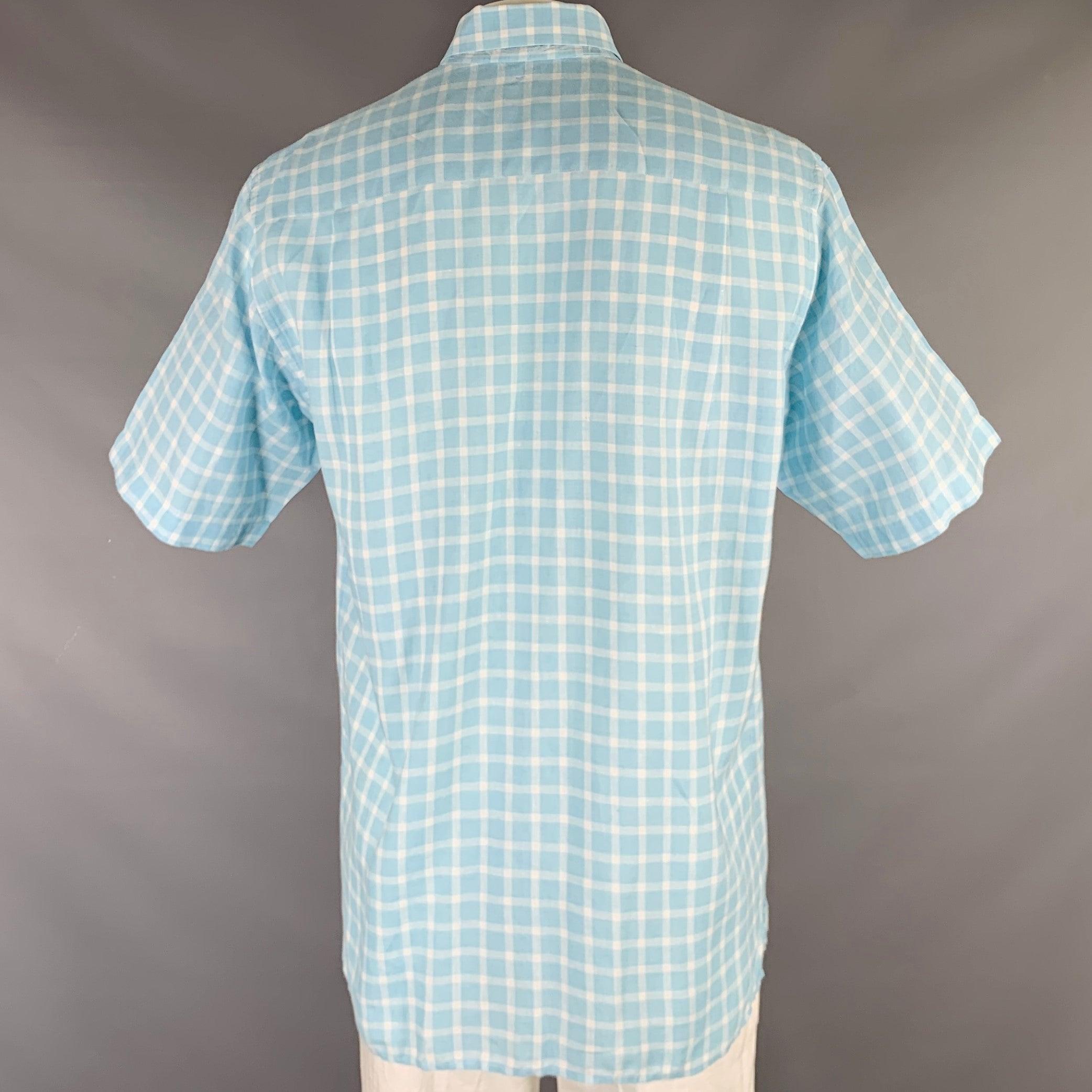 ERMENEGILDO ZEGNA Size L Light Blue White Plaid Linen Short Sleeve Shirt In Good Condition For Sale In San Francisco, CA