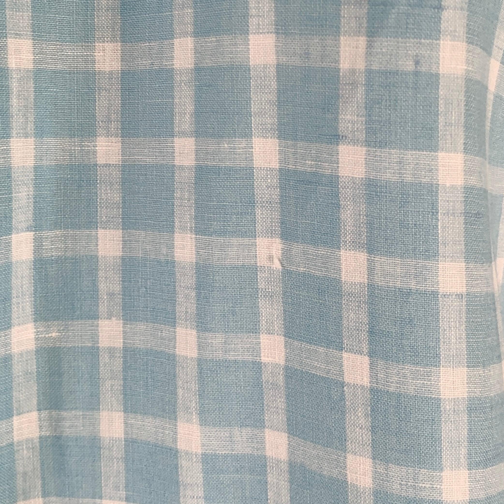 Men's ERMENEGILDO ZEGNA Size L Light Blue White Plaid Linen Short Sleeve Shirt For Sale