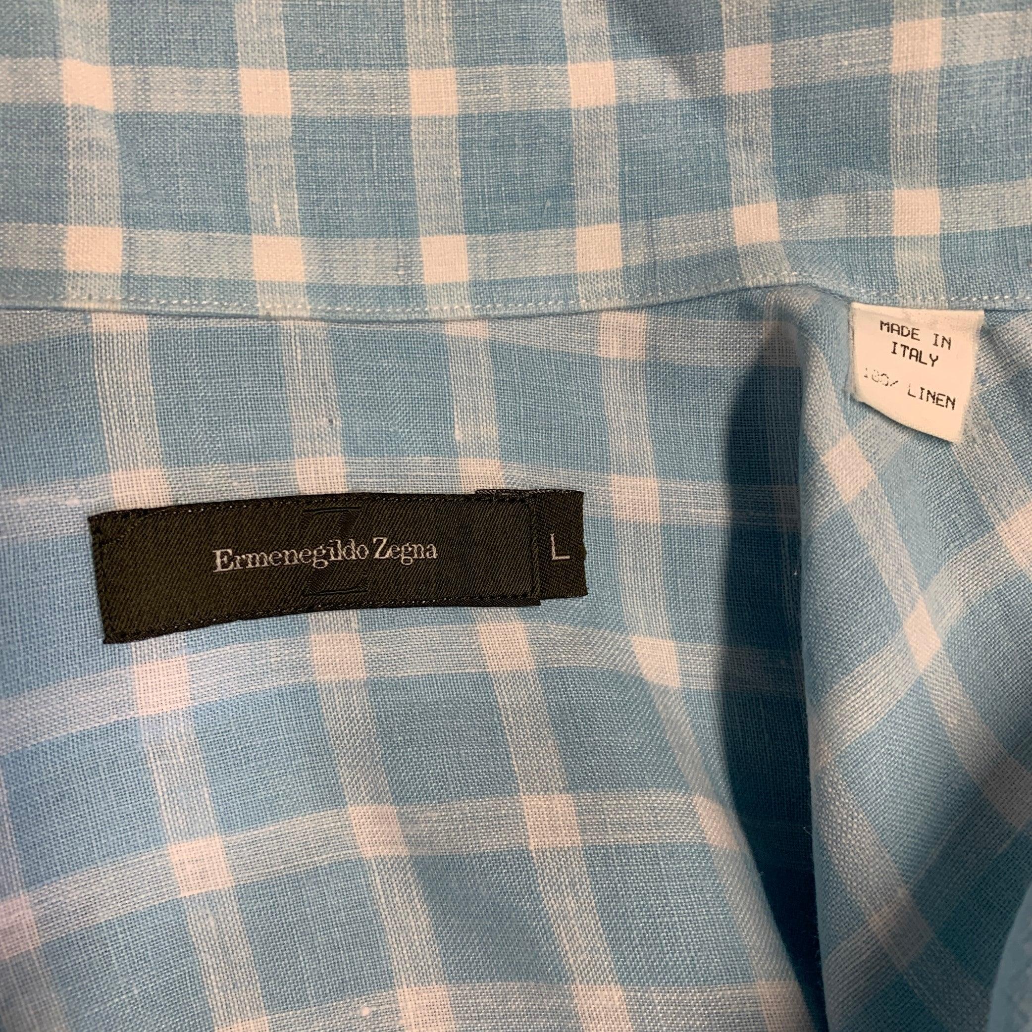 ERMENEGILDO ZEGNA Size L Light Blue White Plaid Linen Short Sleeve Shirt For Sale 1