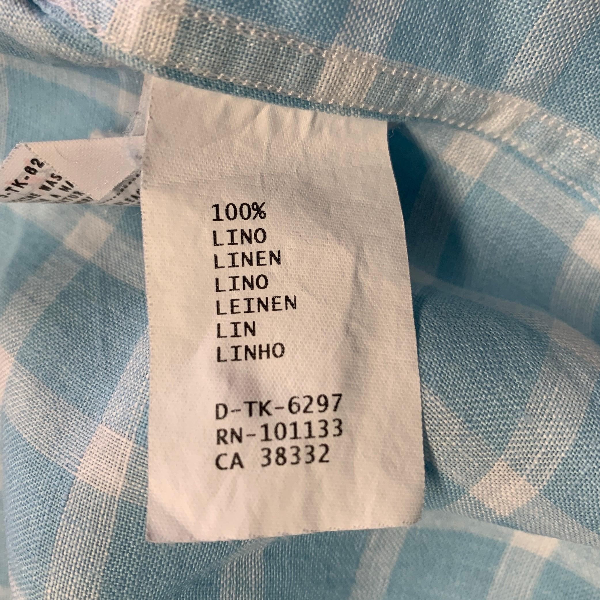 ERMENEGILDO ZEGNA Size L Light Blue White Plaid Linen Short Sleeve Shirt For Sale 2
