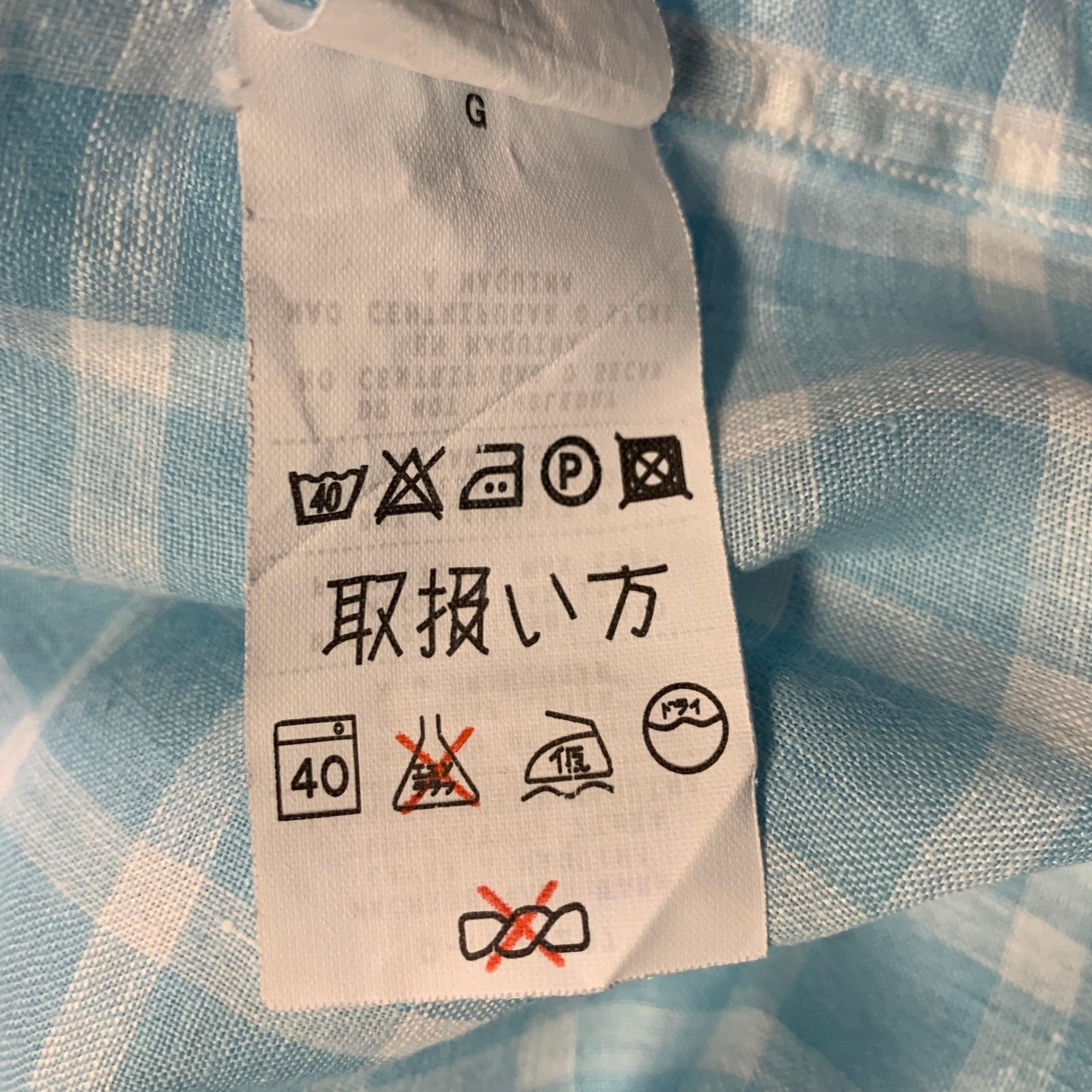 ERMENEGILDO ZEGNA Size L Light Blue White Plaid Linen Short Sleeve Shirt For Sale 3