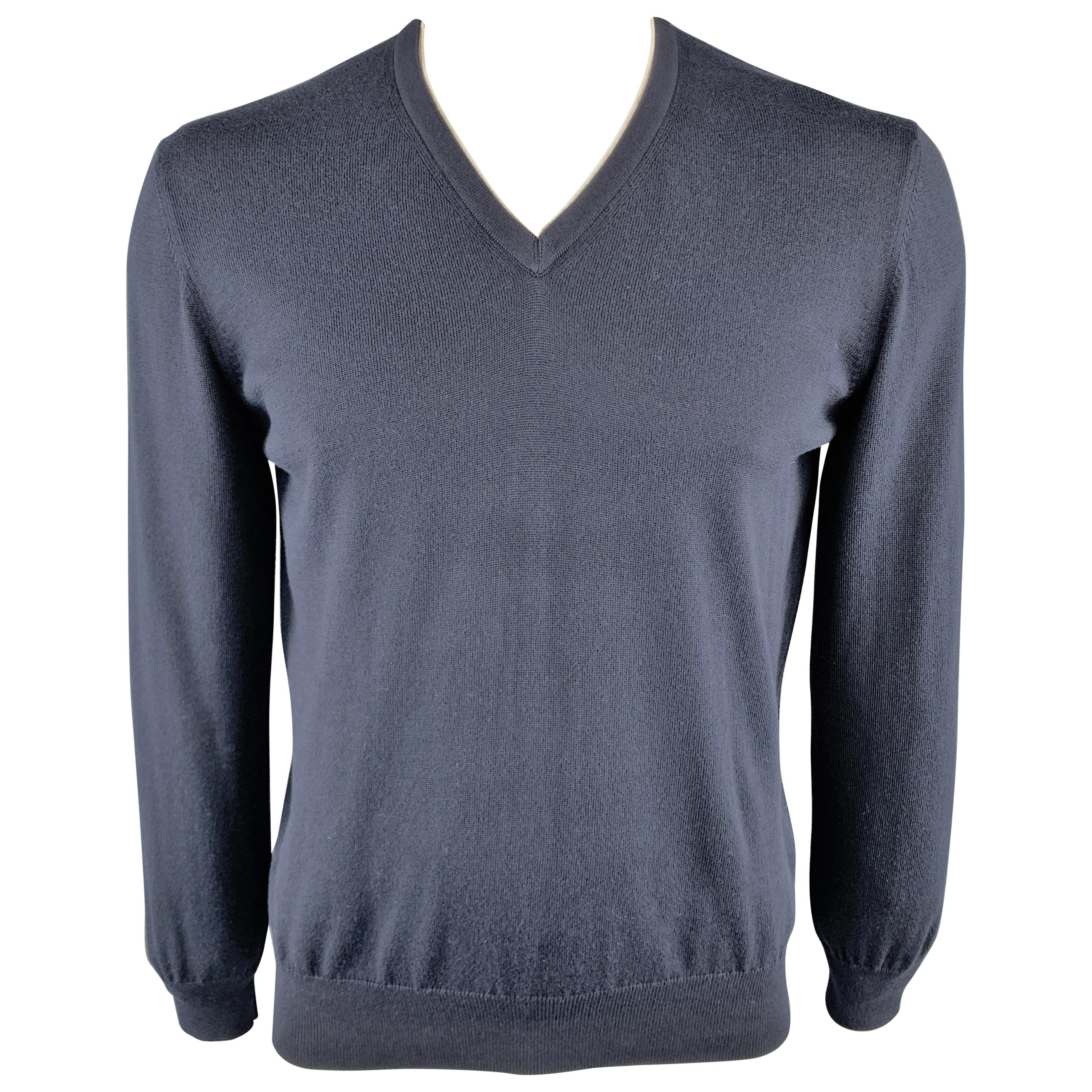 ERMENEGILDO ZEGNA Size L Navy Cotton V-Neck Pullover Sweater